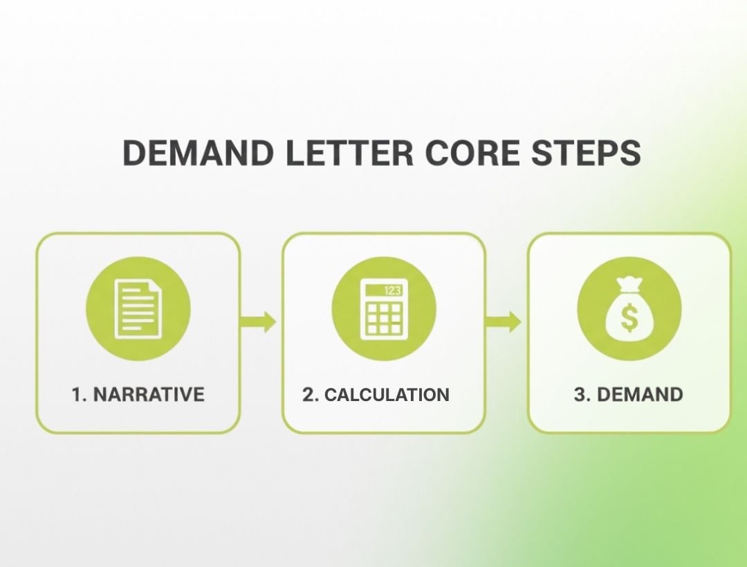 Infographic showing three core steps for a demand letter: narrative, calculation, and demand.