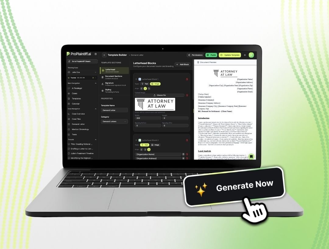 Laptop displaying ProPlaintiff.ai legal software for creating a demand letter, with a 'Generate Now' button.