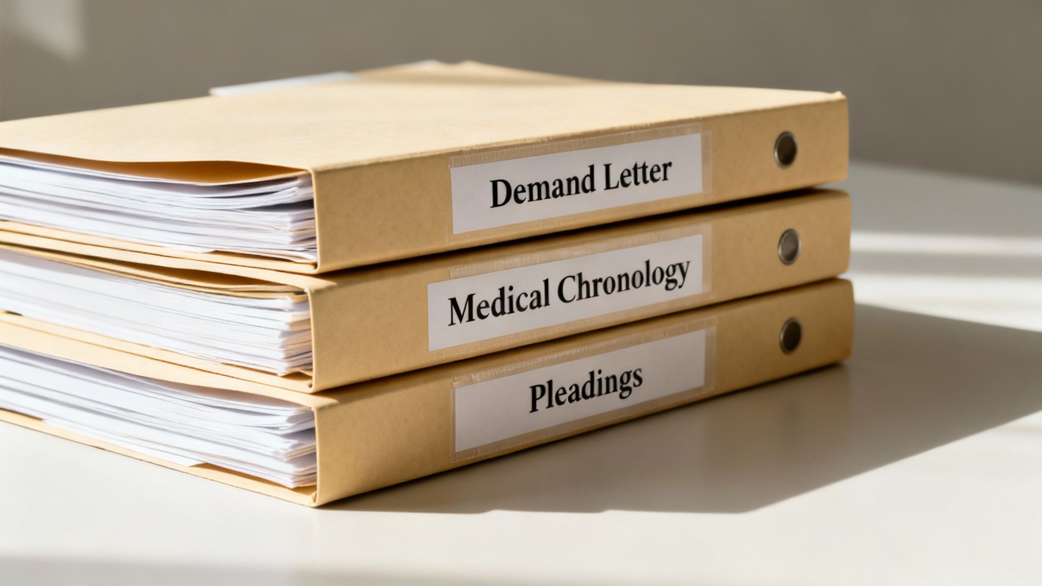 A stack of three labeled legal file folders: Demand Letter, Medical Chronology, and Pleadings.