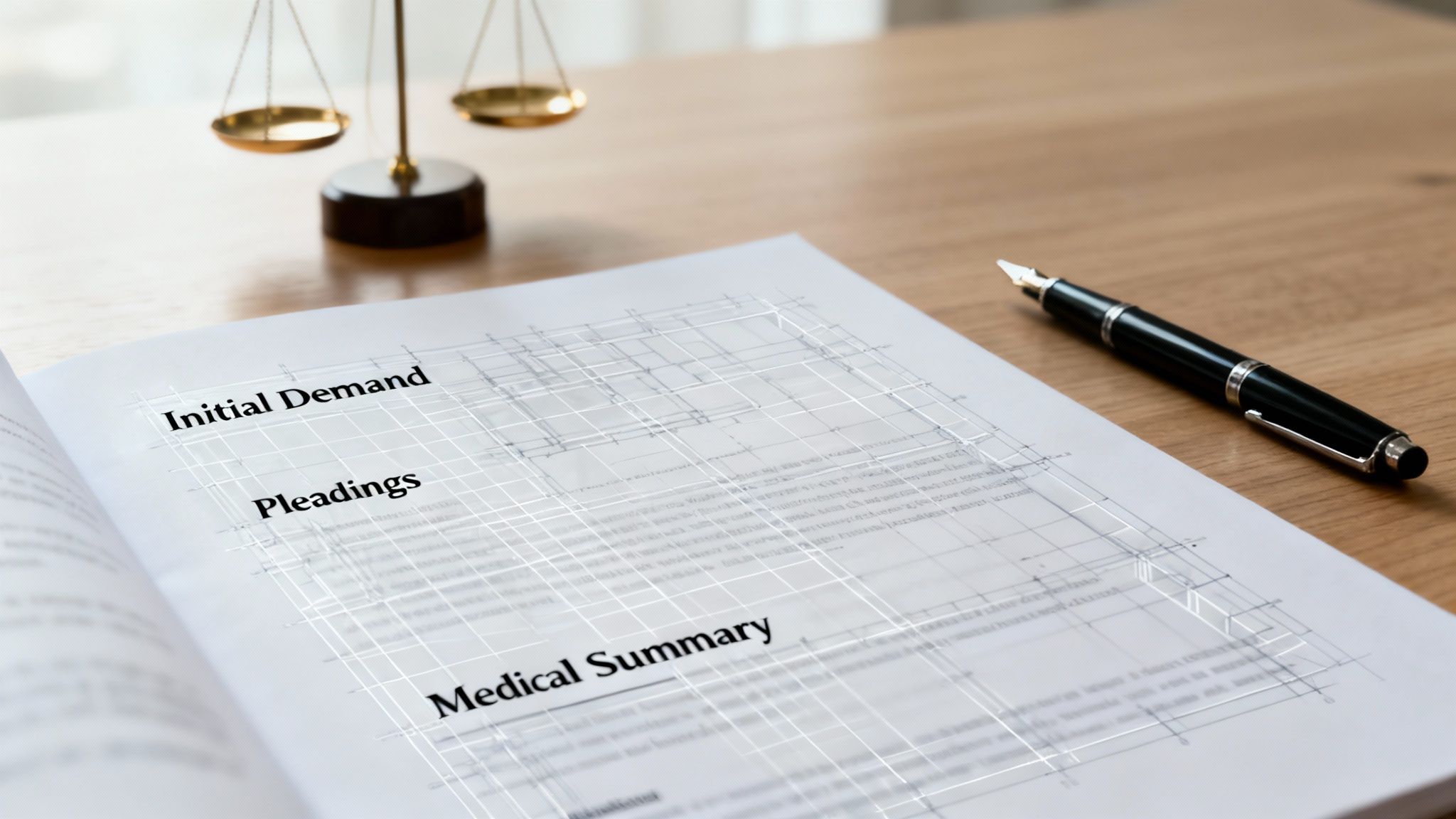 Open legal document titled 'Initial Demand' on a desk with a fountain pen and justice scales.