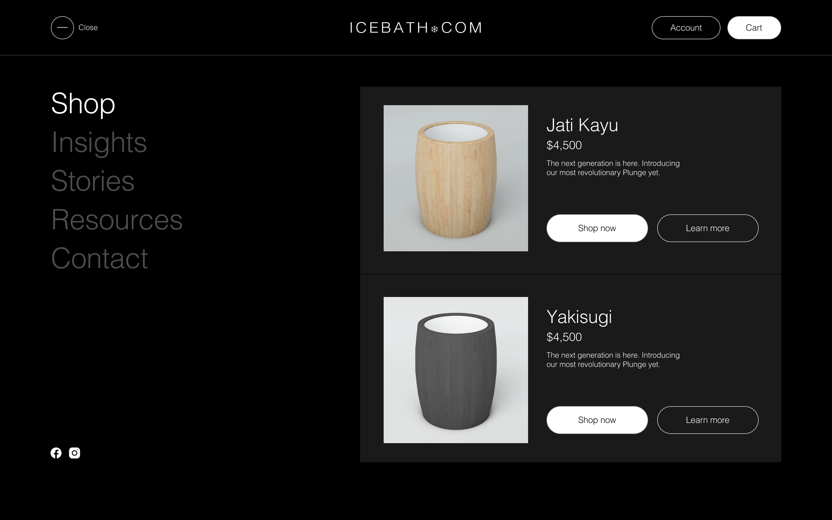 Icebaths Bali product shop displaying Jati Kayu and Yakisugi teak cold plunge barrels for sale