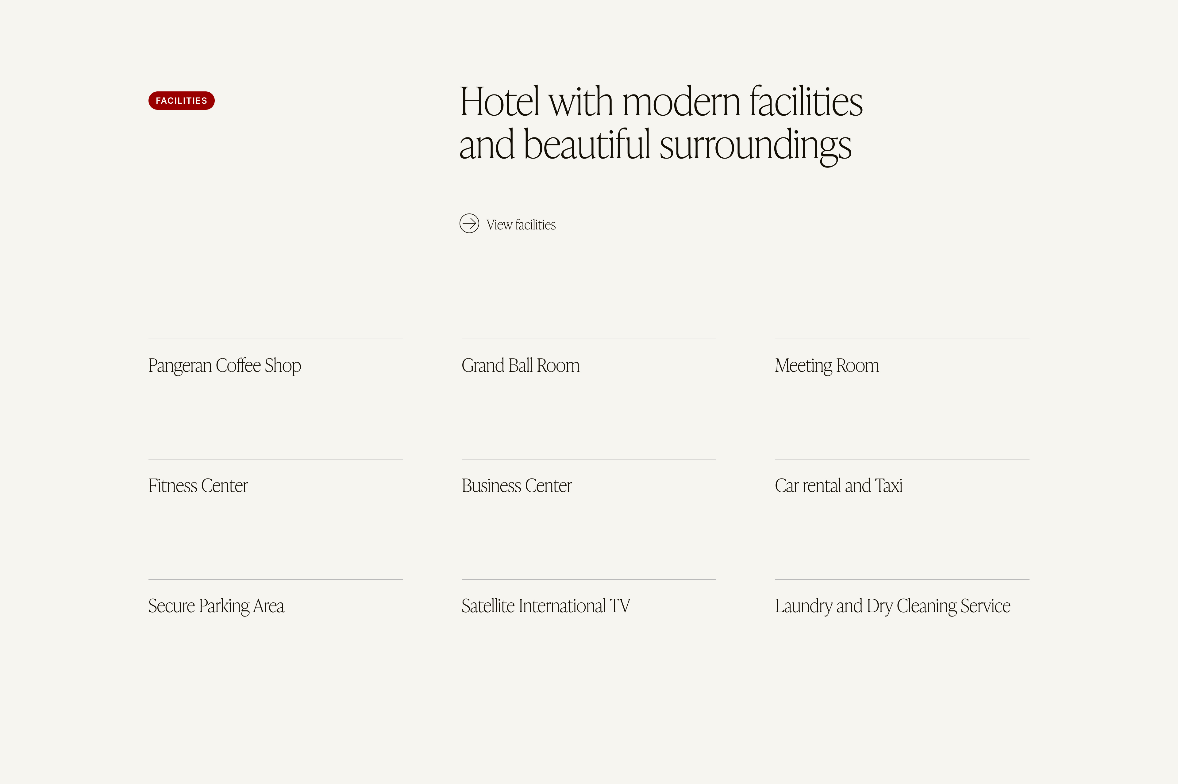 List of modern hotel facilities at The Pangeran Hotel Pekanbaru including ballroom, business center, secure parking, car rental and laundry service