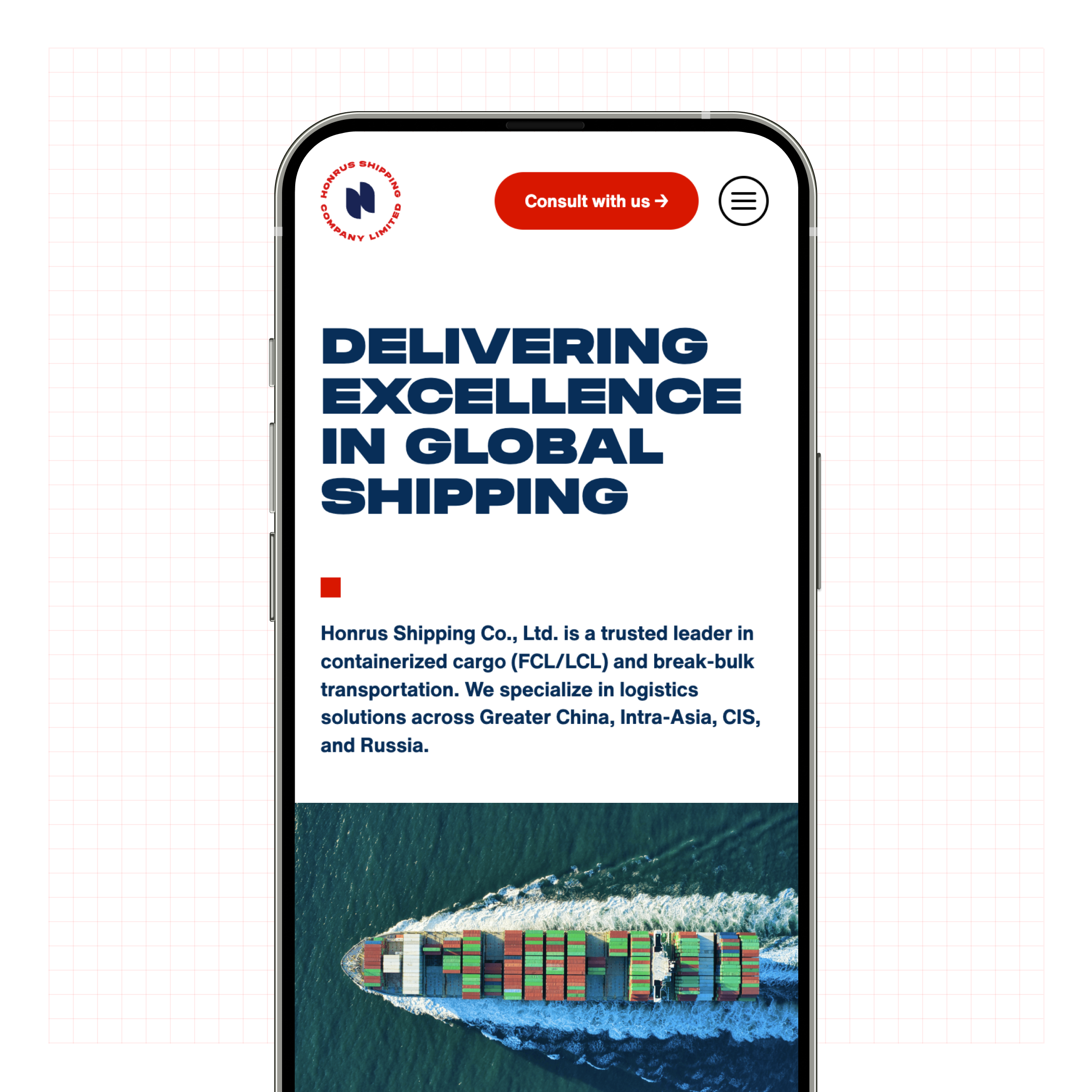 Mobile-first landing page for Honrus Shipping Company highlighting excellence in international freight and container shipping