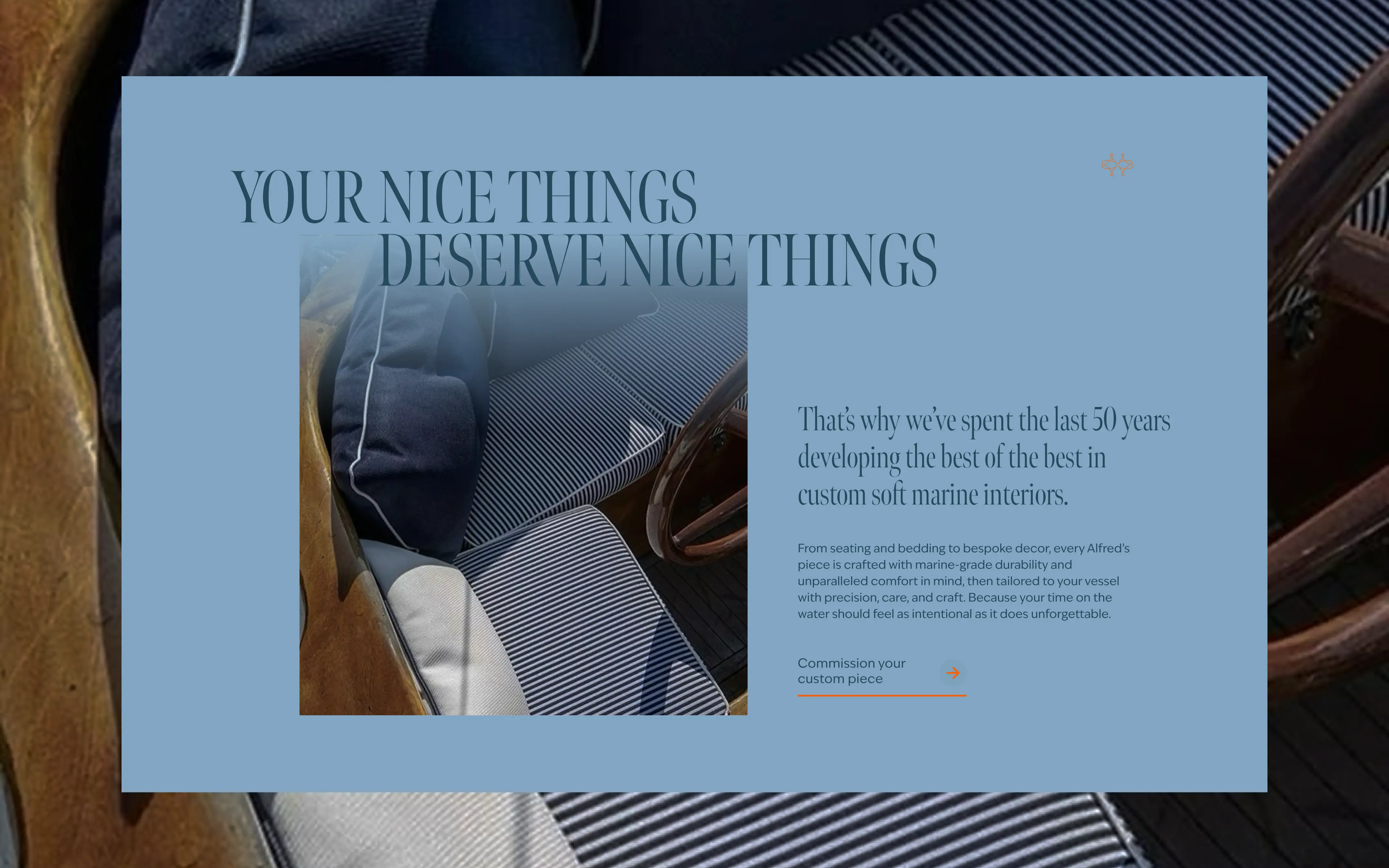 Color palette exploration for Alfred’s Upholstery brand identity featuring blue, beige, and terracotta tones inspired by land and sea