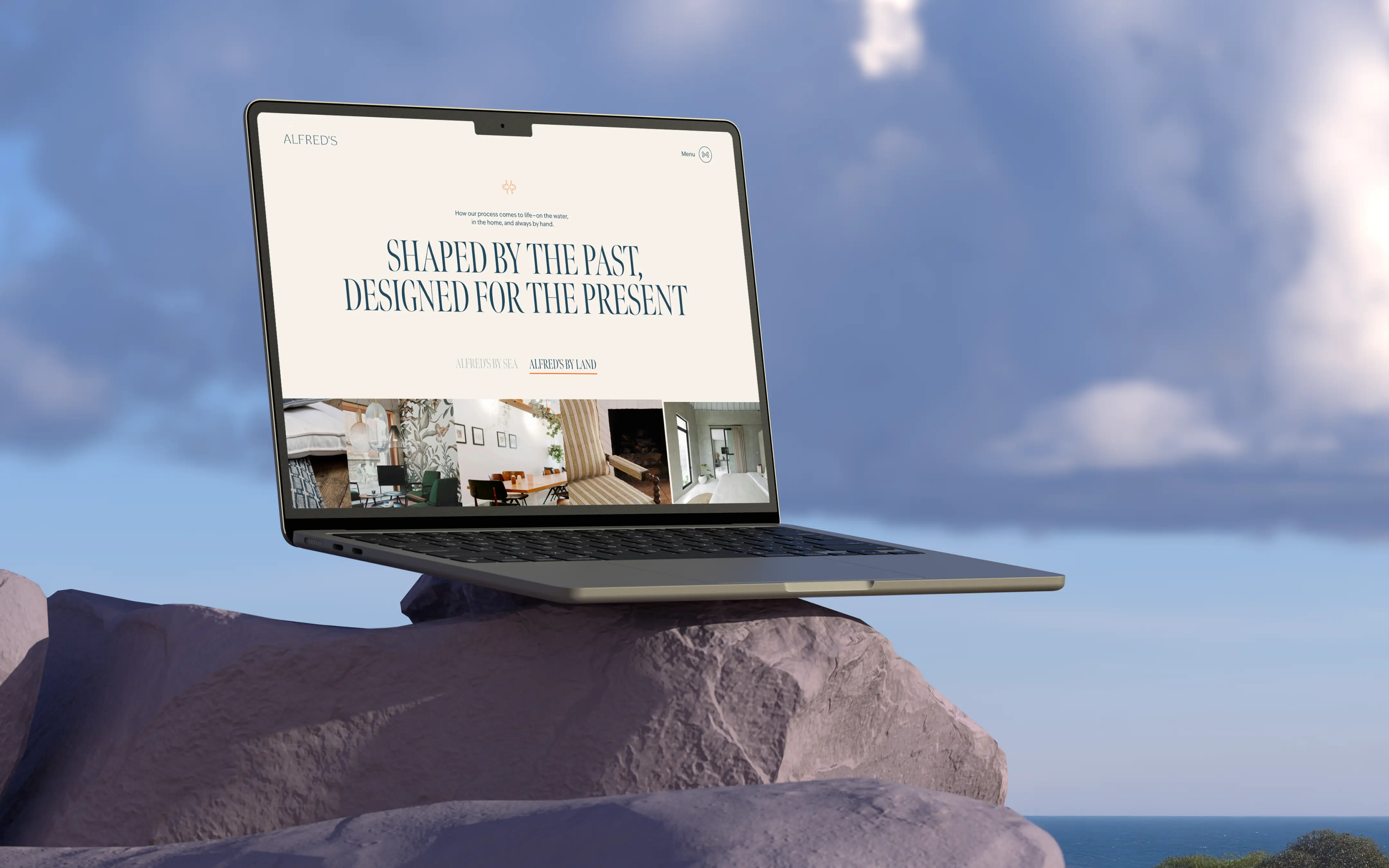 Laptop mockup showing Alfred’s Upholstery website design, highlighting elegant layout and modern Webflow build