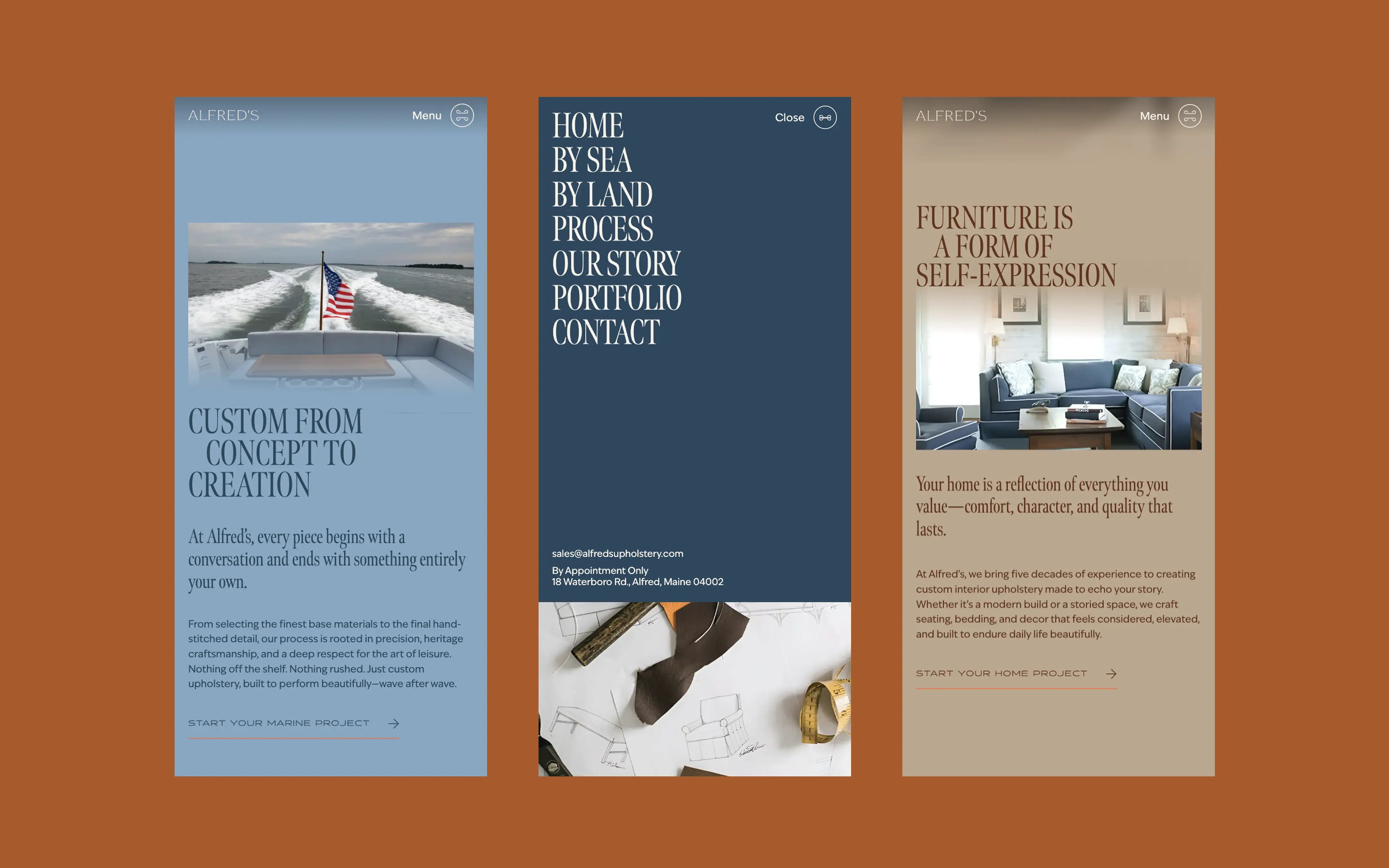 Responsive mobile layouts for Alfred’s Upholstery website, featuring refined interface and timeless color palette