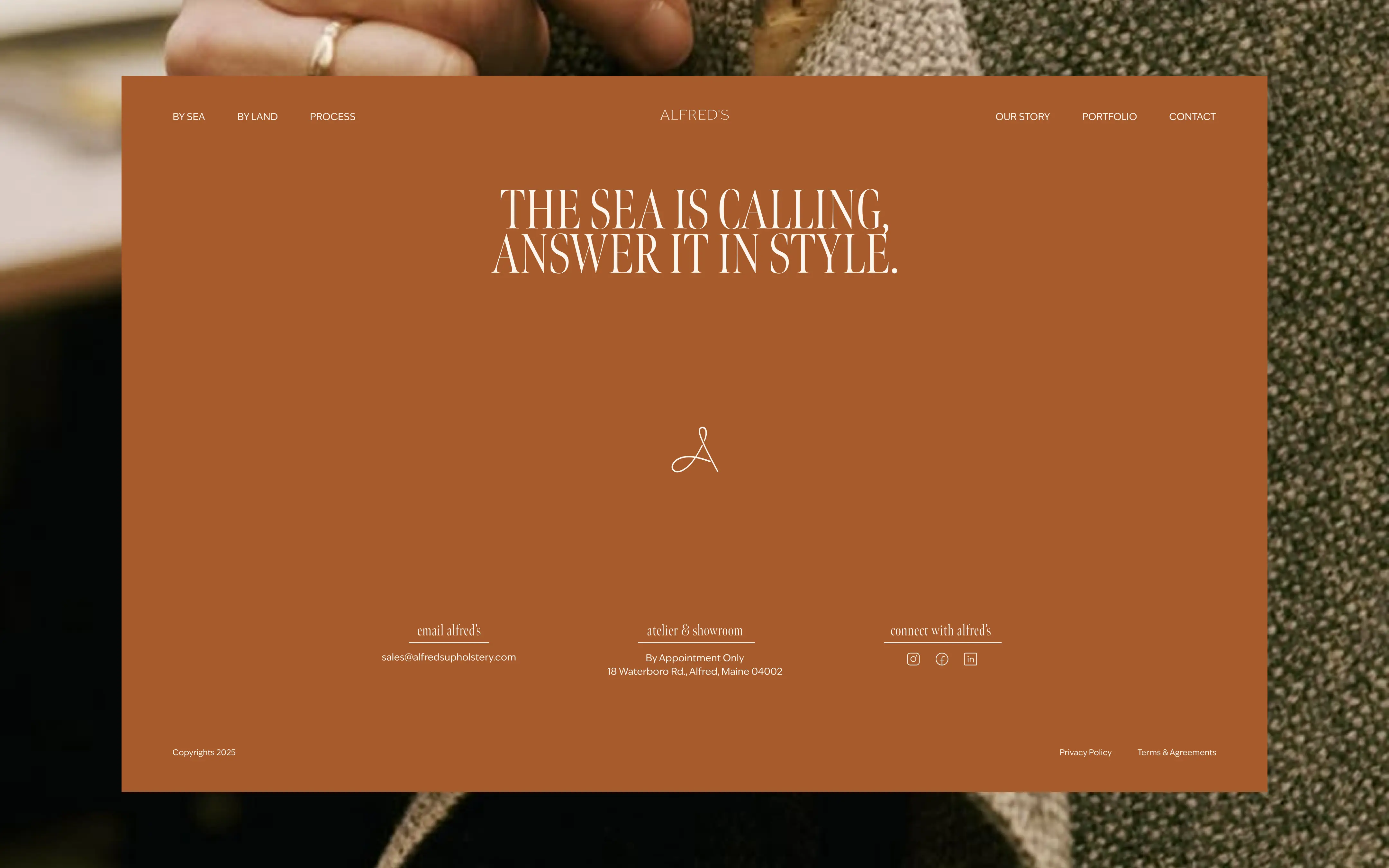 Alfred’s Upholstery website homepage showing custom furniture and yacht interior design sections crafted in Webflow