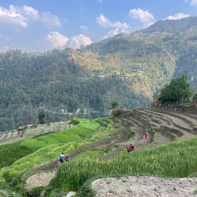 Rolling hillsides in Nepal with farming terracing and people farming
