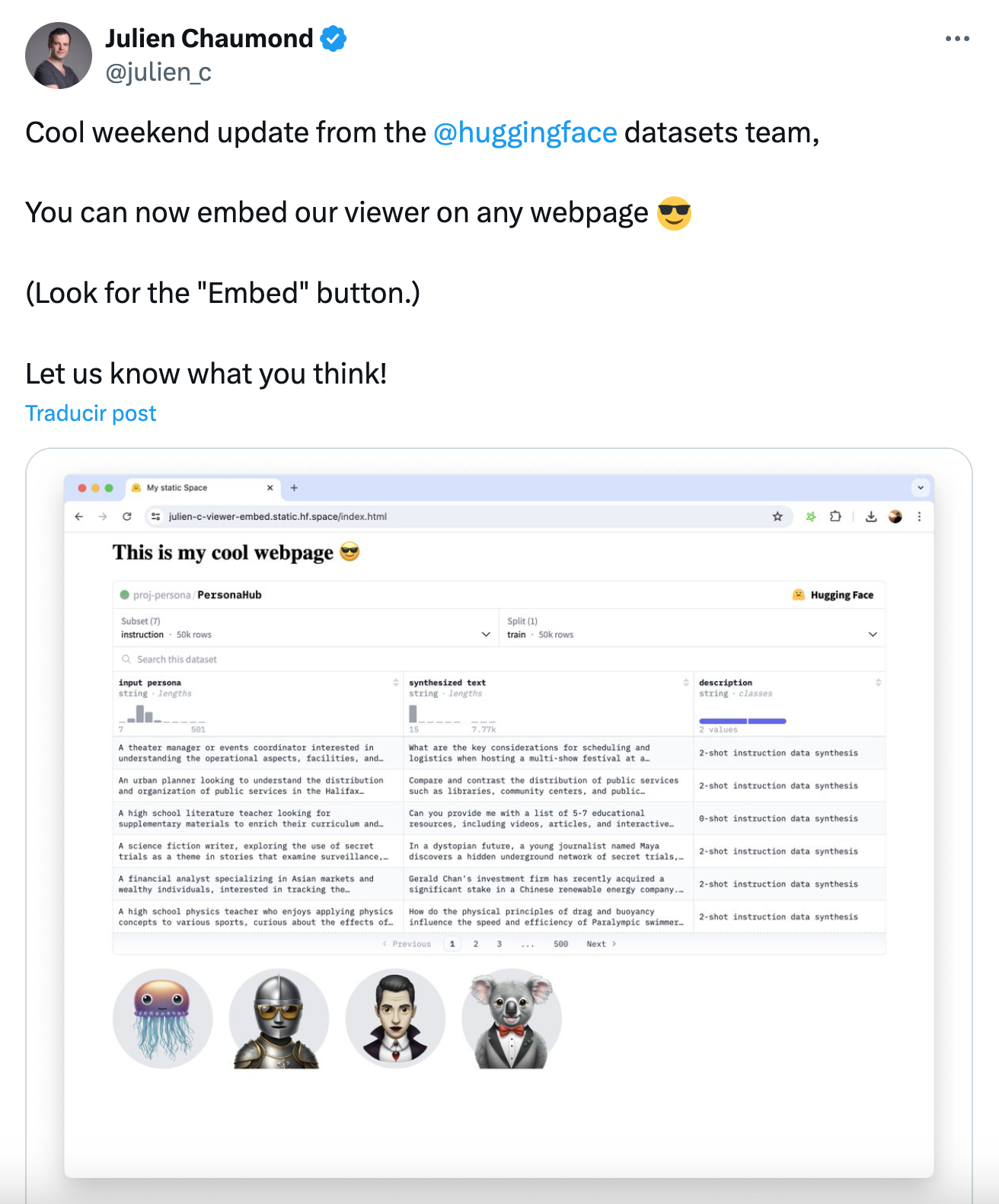 Screenshot of a tweet by Julien Chaumond showing off how you can embed the hugging face datasets viewer in any webpage