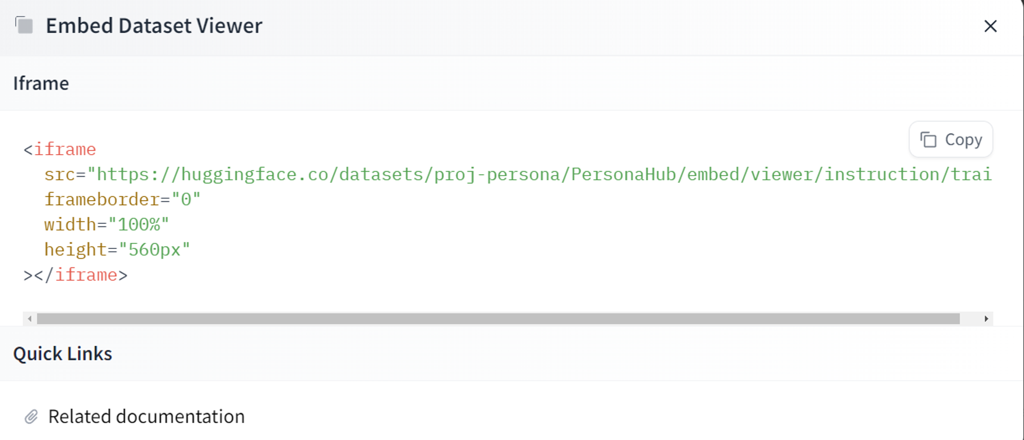 Screenshot showing the HTML code you can use to embed an iframe for a hugging face dataset