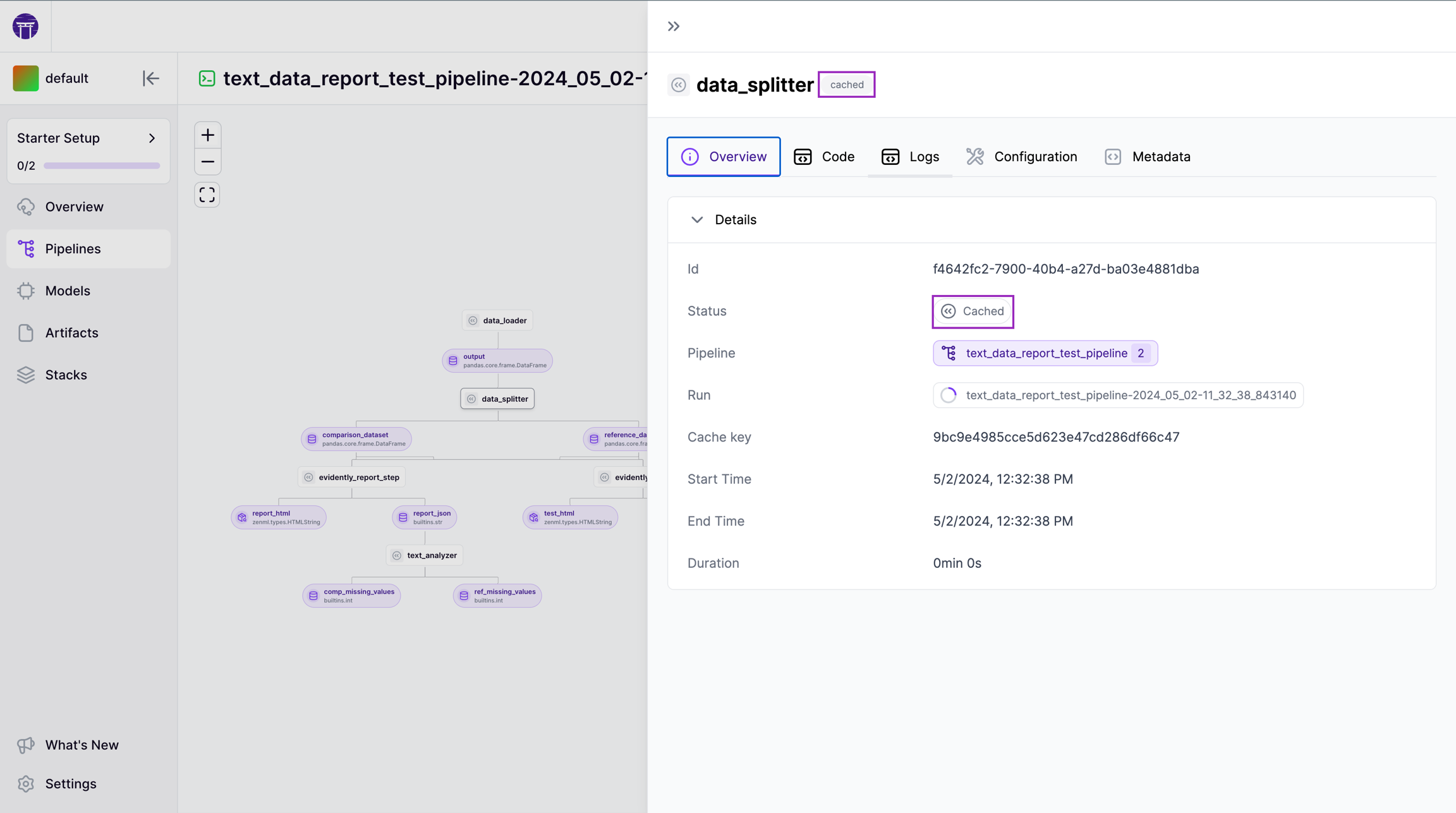 Screenshot highlighting the cache functionality of the ZenML dashboard. Data and steps are saved to an internal cache which means you don’t need to rerun long-running steps.