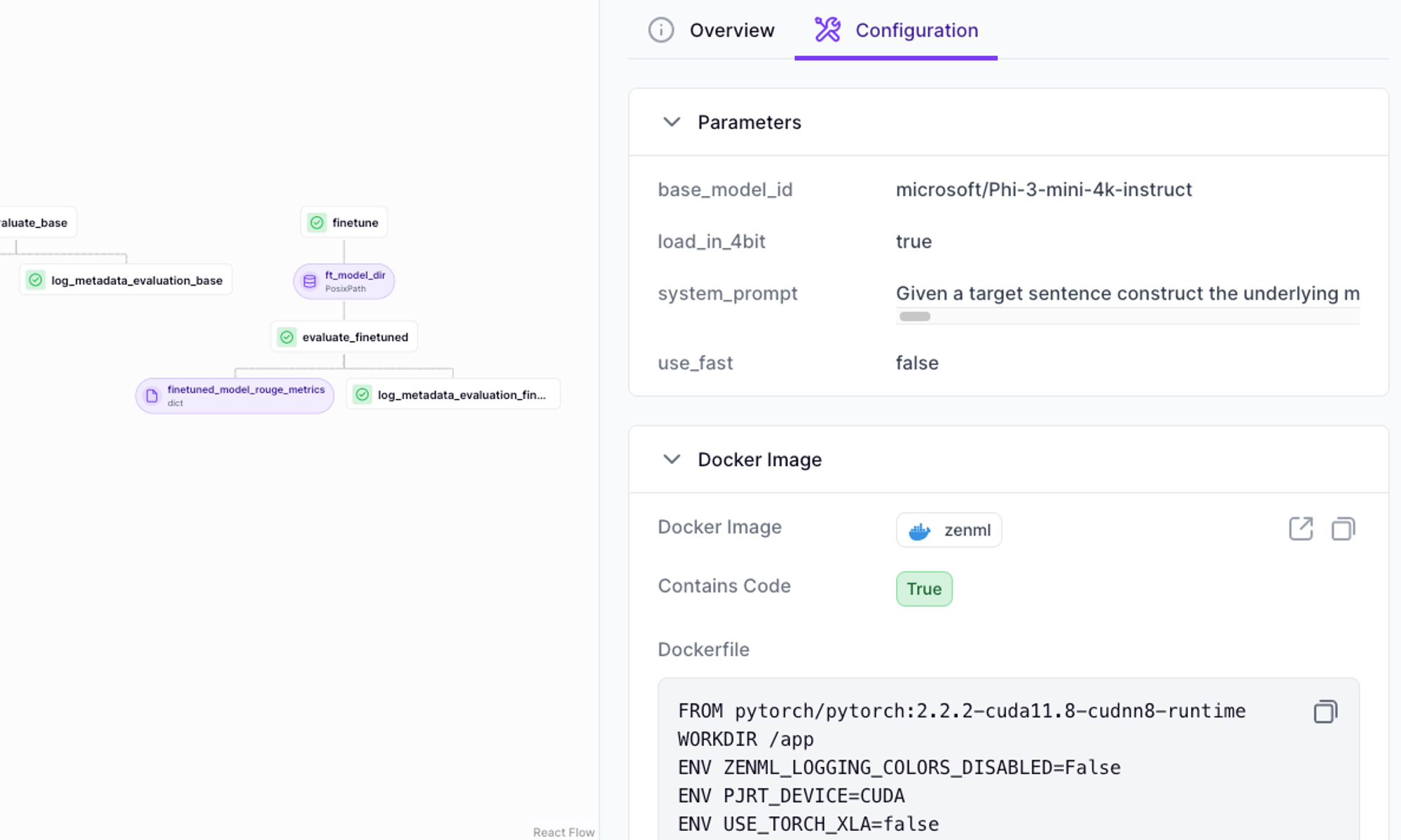 Screenshot of part of the ZenML dashboard where configuration can be examined.