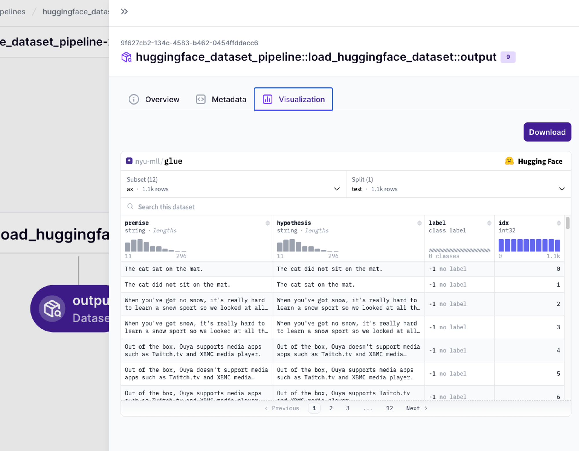 Screenshot of the ZenML dashboard where a Hugging Face dataset is visualised and previewed.