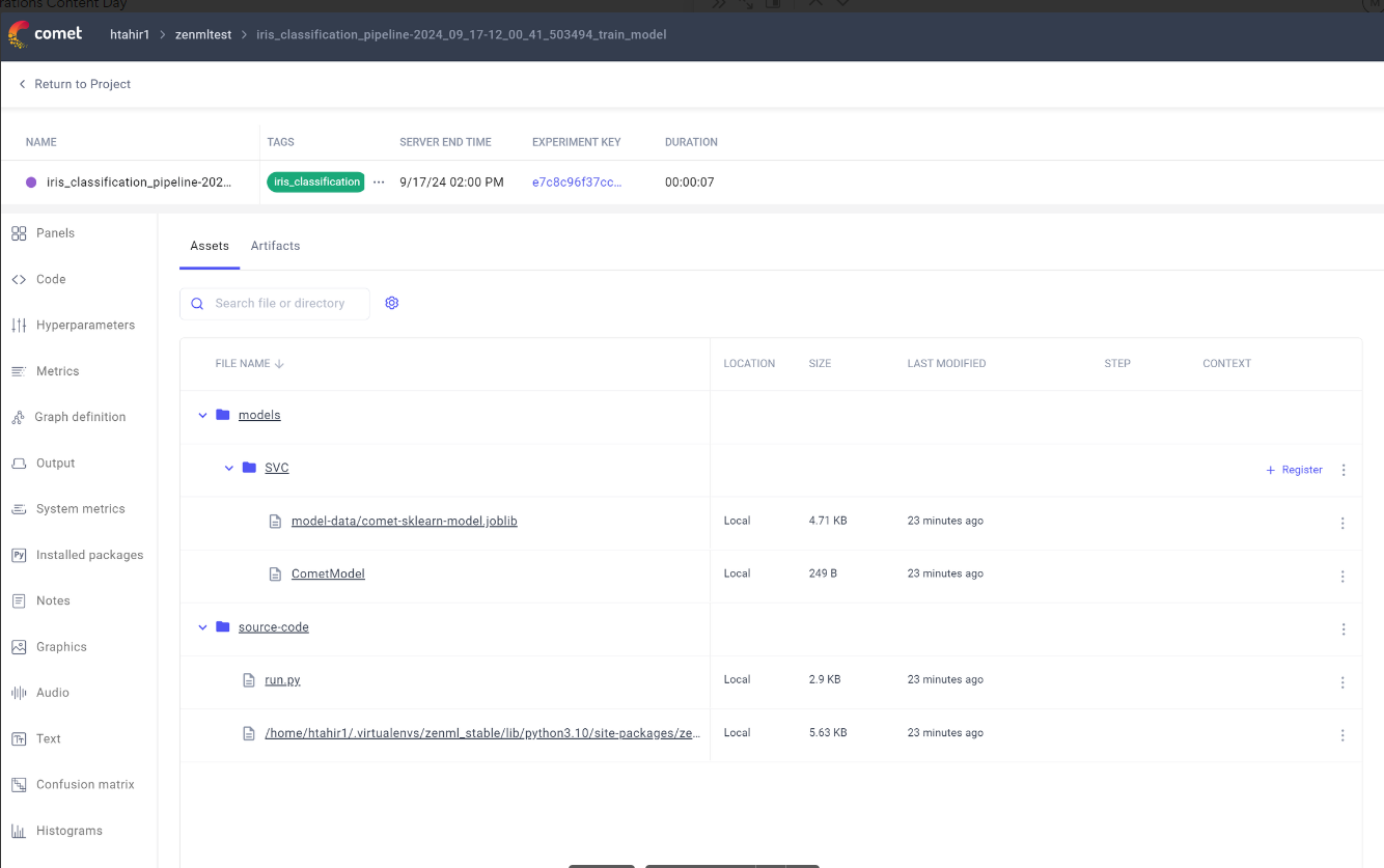 A screenshot of the Comet UI showing a model tracked via ZenML