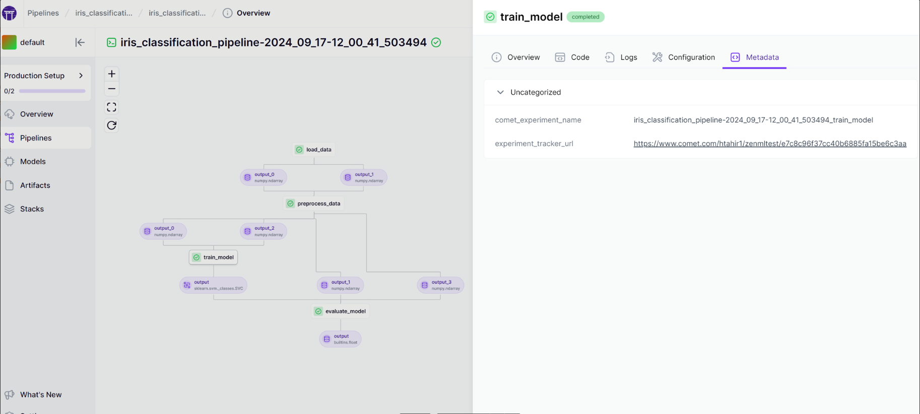 A screenshot of a ZenML DAG with a comet experiment tracker url as metadata