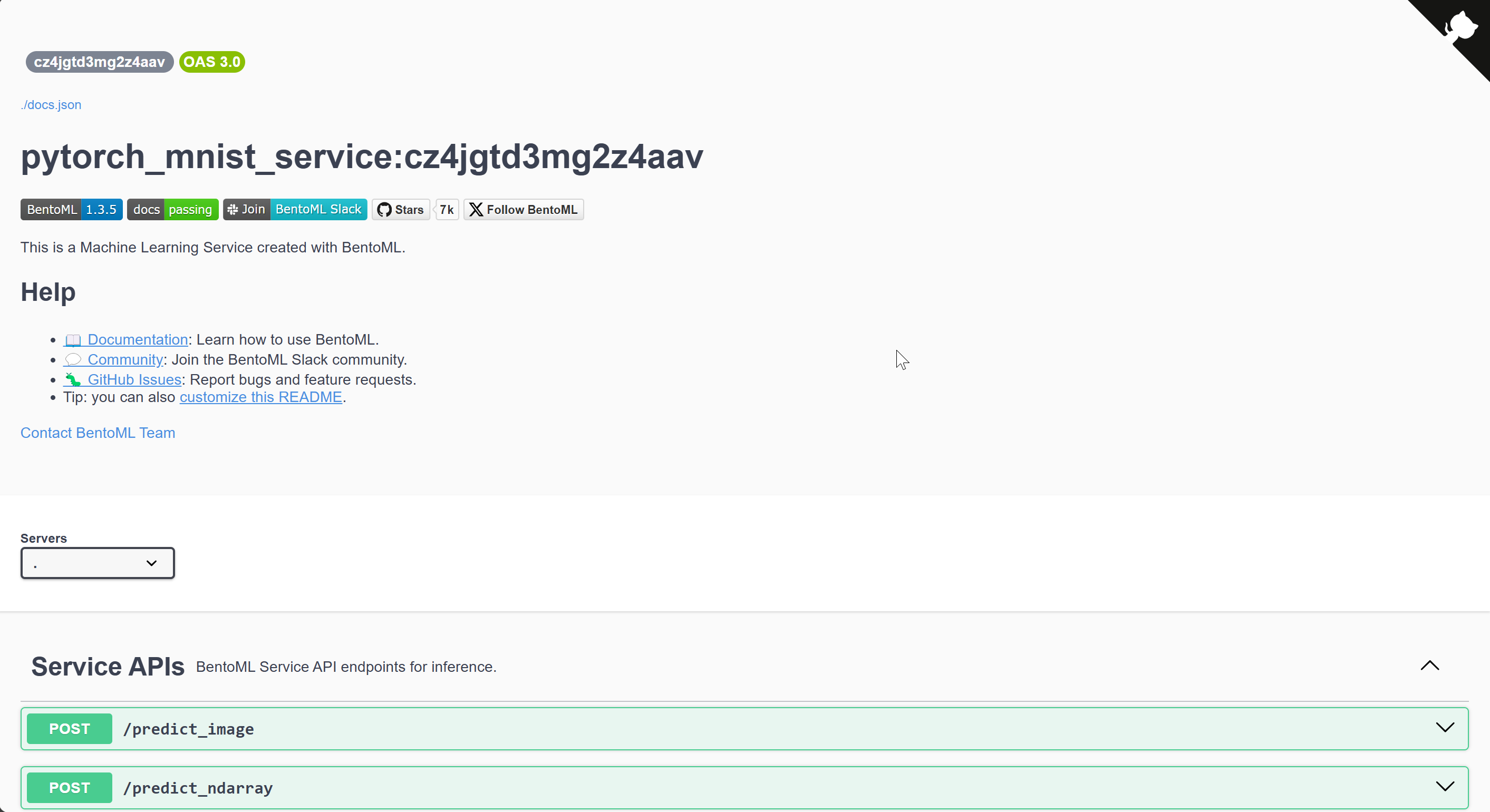 An OpenAPI specification page showing the deployed BentoML service with the available service APIs