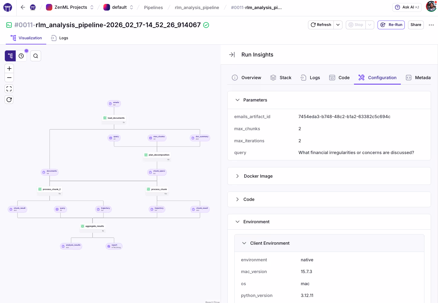 ZenML dashboard showing the RLM analysis pipeline DAG visualization with steps for load_documents, plan_decomposition, parallel process_chunk workers, and aggregate_results, alongside the Run Insights panel displaying pipeline parameters including query, max_chunks, and max_iterations.