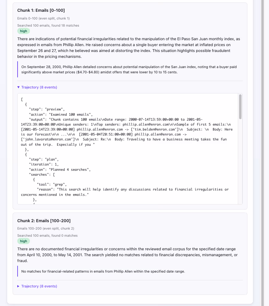 Per-chunk analysis output from the RLM pipeline showing detailed results for Chunk 1 (Emails 0-100) and Chunk 2 (Emails 100-200), each with findings about potential financial irregularities, supporting code snippets for email filtering logic, and significance scores.