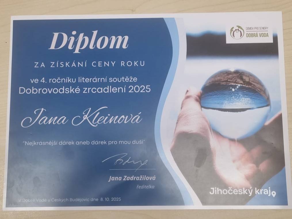 Diplom pro paní Janu Kleinovou - Vítězku Dobrovodského zrcadlení