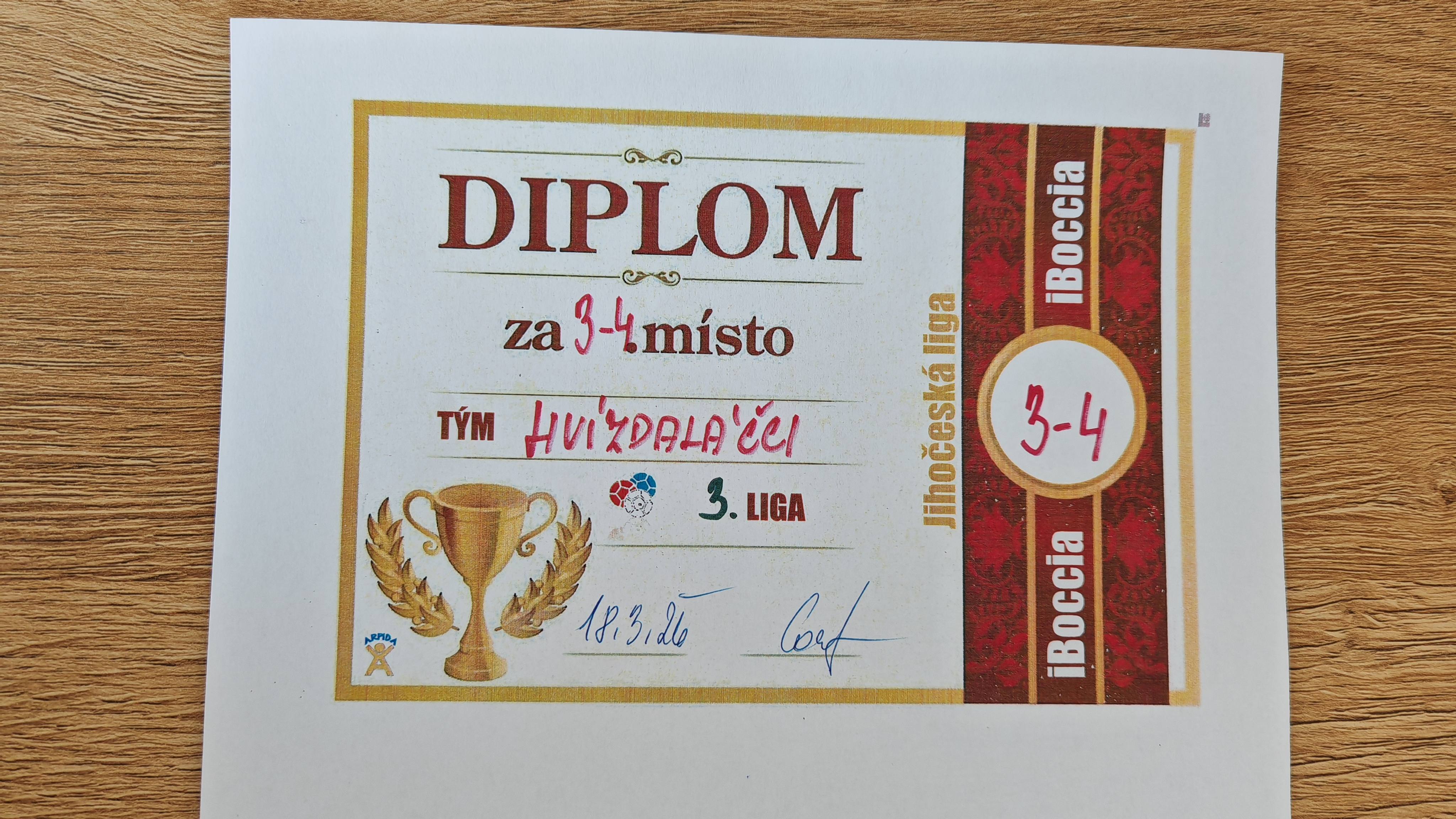 diplom pro Hvízdaláčky za 3. - 4. místo