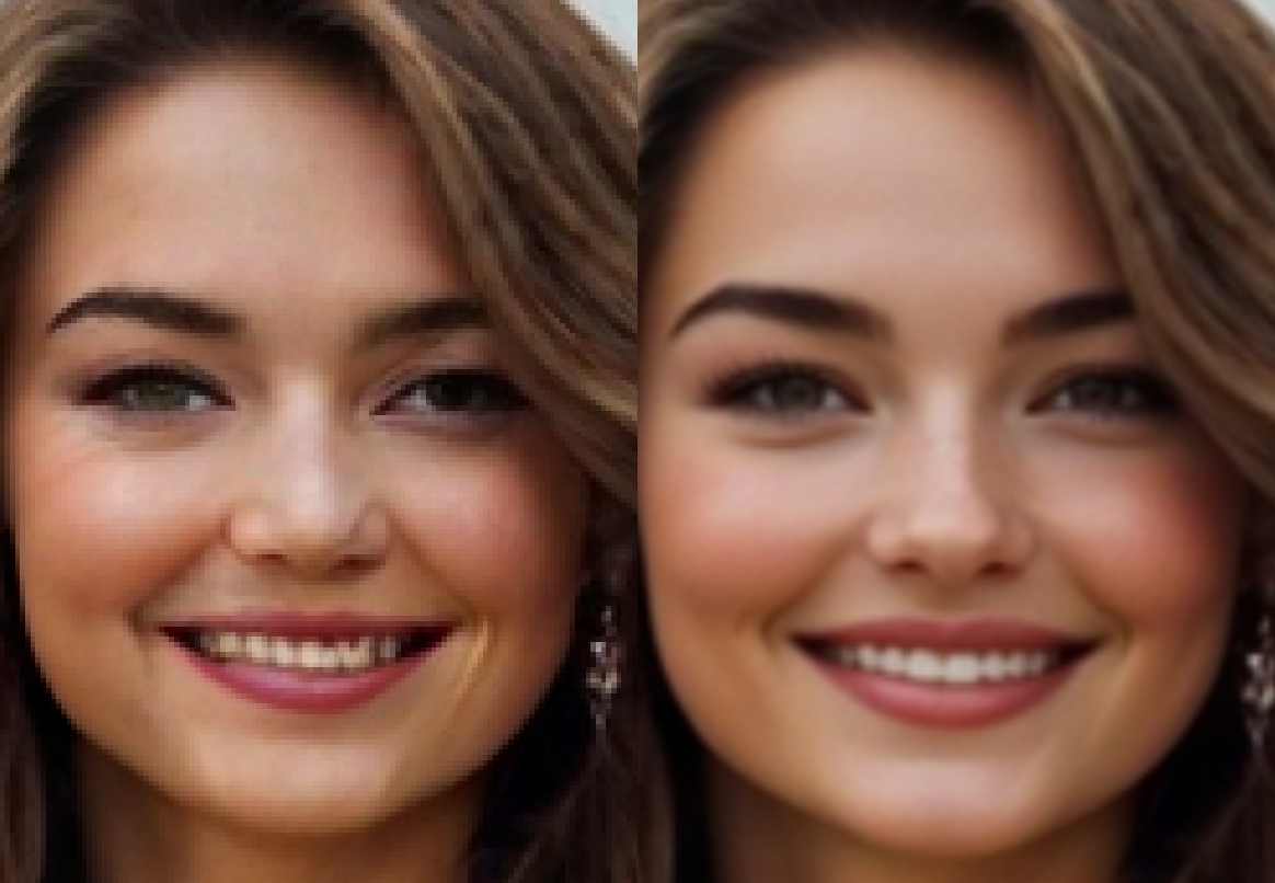 Before-and-after example of inpainted facial features after applying the Pose AI face detailer LoRAs.