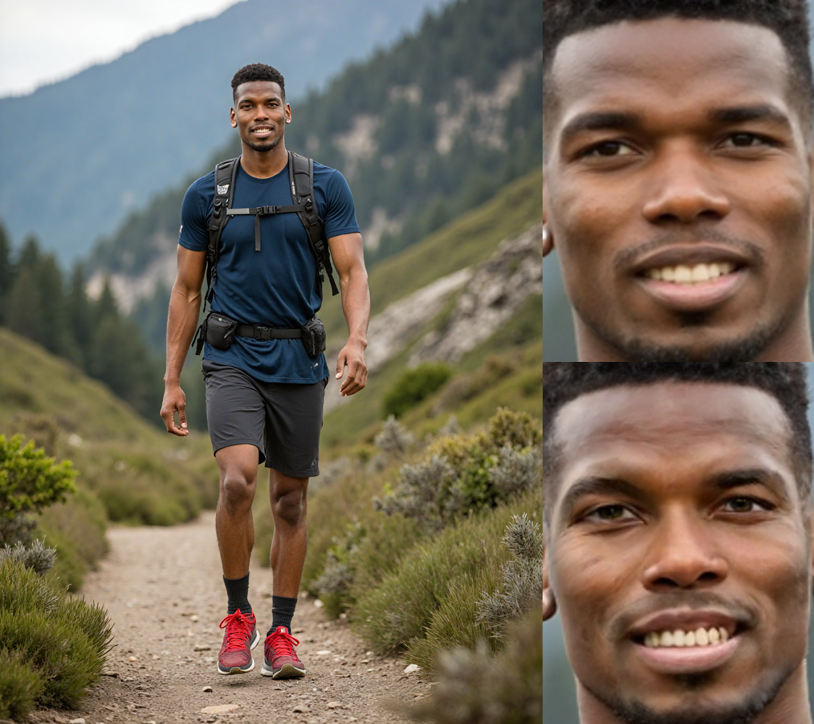 Generated image of Paul Pogba walking on a trail, comparing distorted facial features with refined output from Pose AI face detailing.