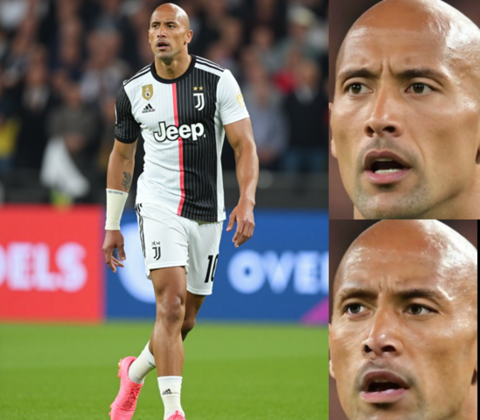 Generated image of Dwayne Johnson playing soccer, comparing distorted facial features with refined output from Pose AI face detailing.