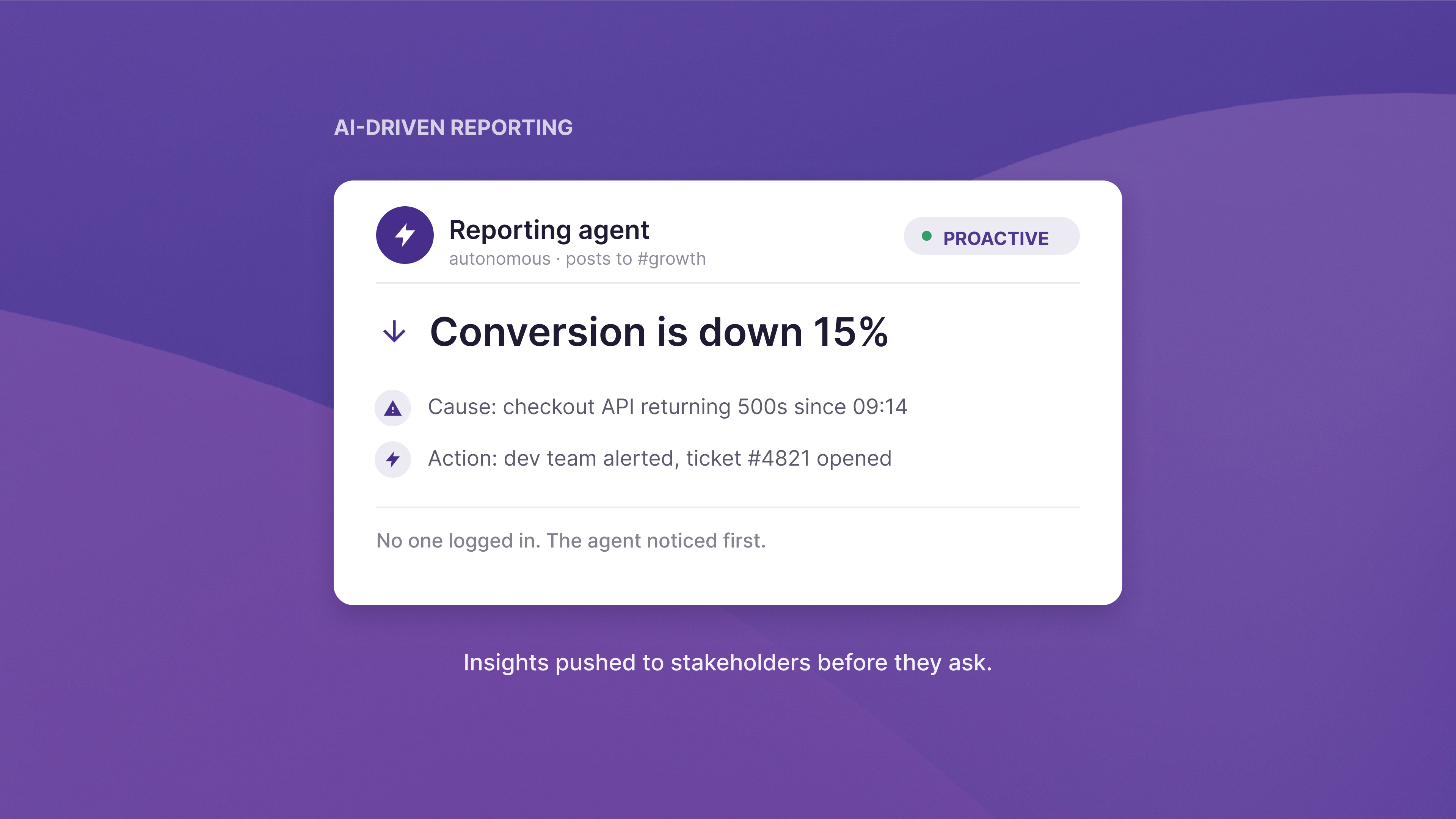 Proactive insight alert dashboard showing automated AI-driven client reporting for agency workflows