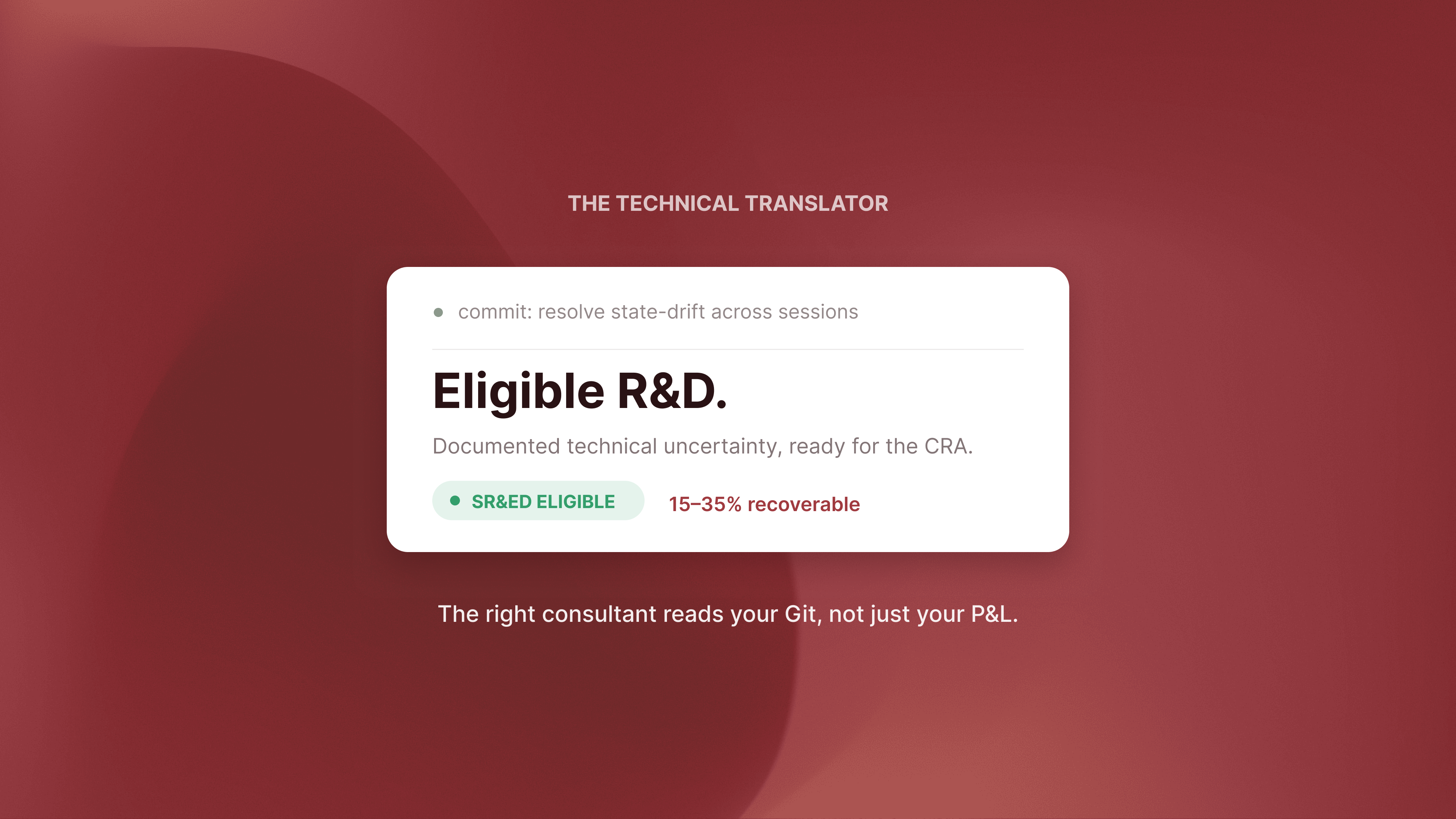 A commit line translated into an eligible, CRA-ready SR&ED claim recoverable at 15-35 percent.