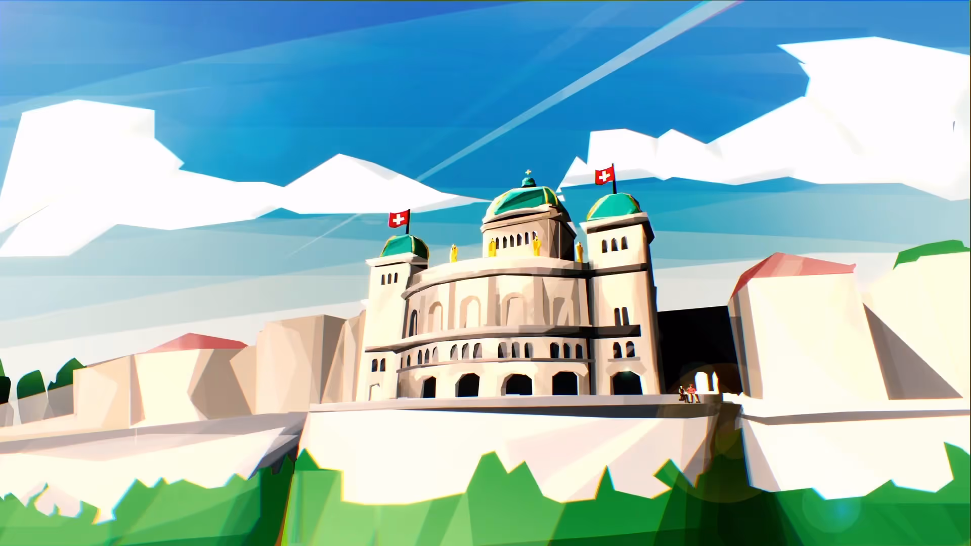 Zeichnung des Bundeshauses. Blauer Himmel mit ein paar Wolken. Auf der Mauer vor dem Bundeshaus sitzen zwei Mädchen.