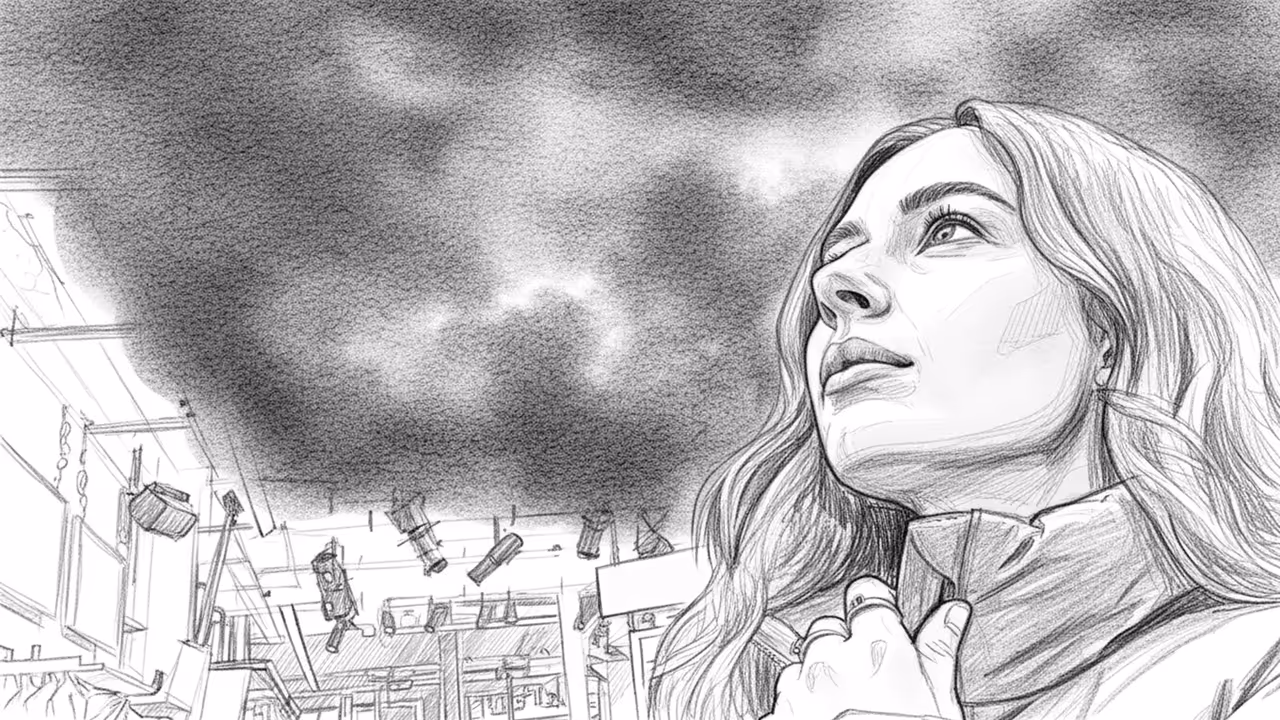 Storyboardskizze auf der eine junge Frau die Decke des Ladens anschaut. Die Decke hat sich aufgelöst und der Himmel dahinter ist sichtbar.