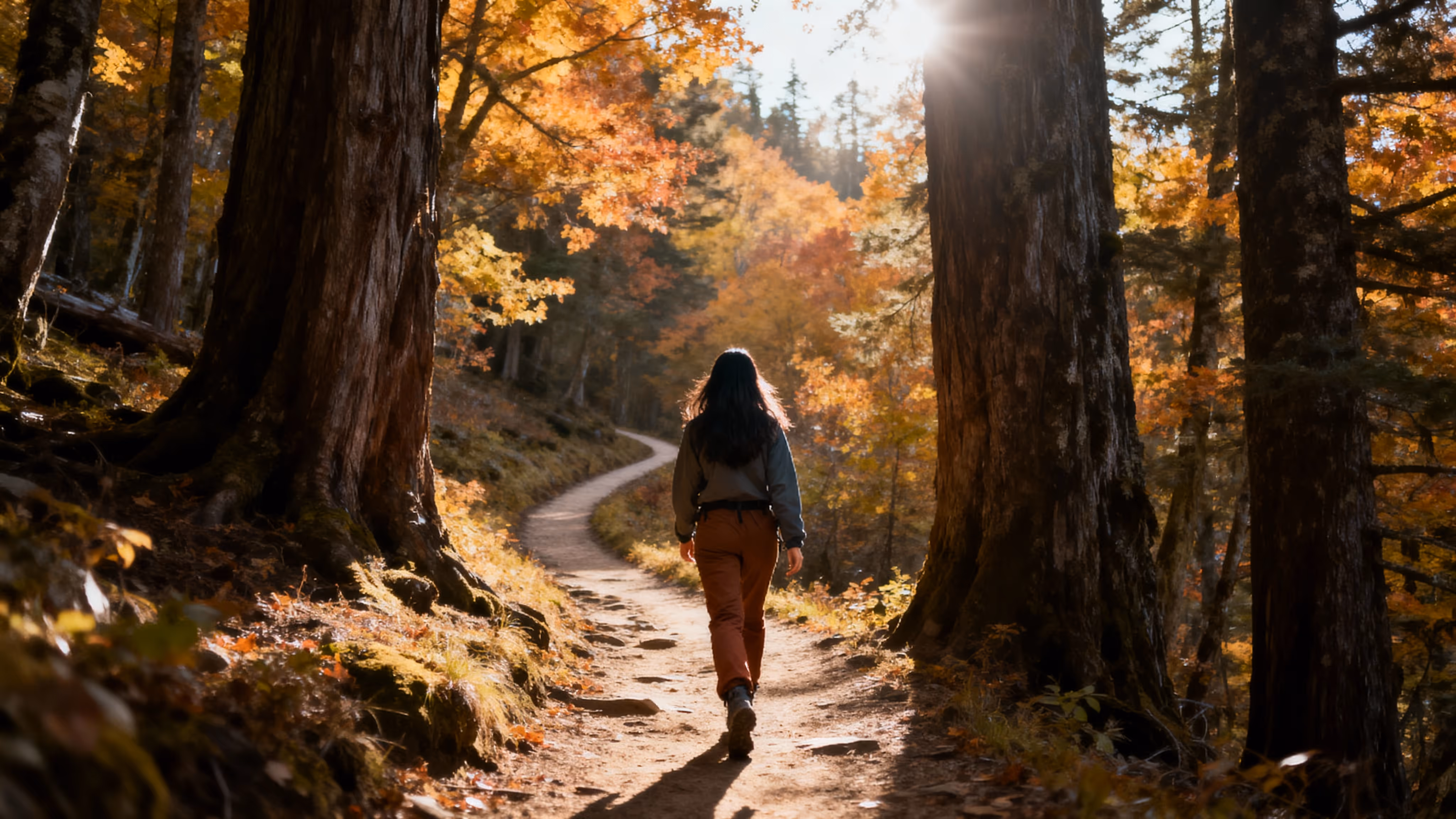 Ein Still eines AI Shots, welcher eine Frau zeigt die mit dem Rücken zu der Kamera auf einem Waldweg läuft