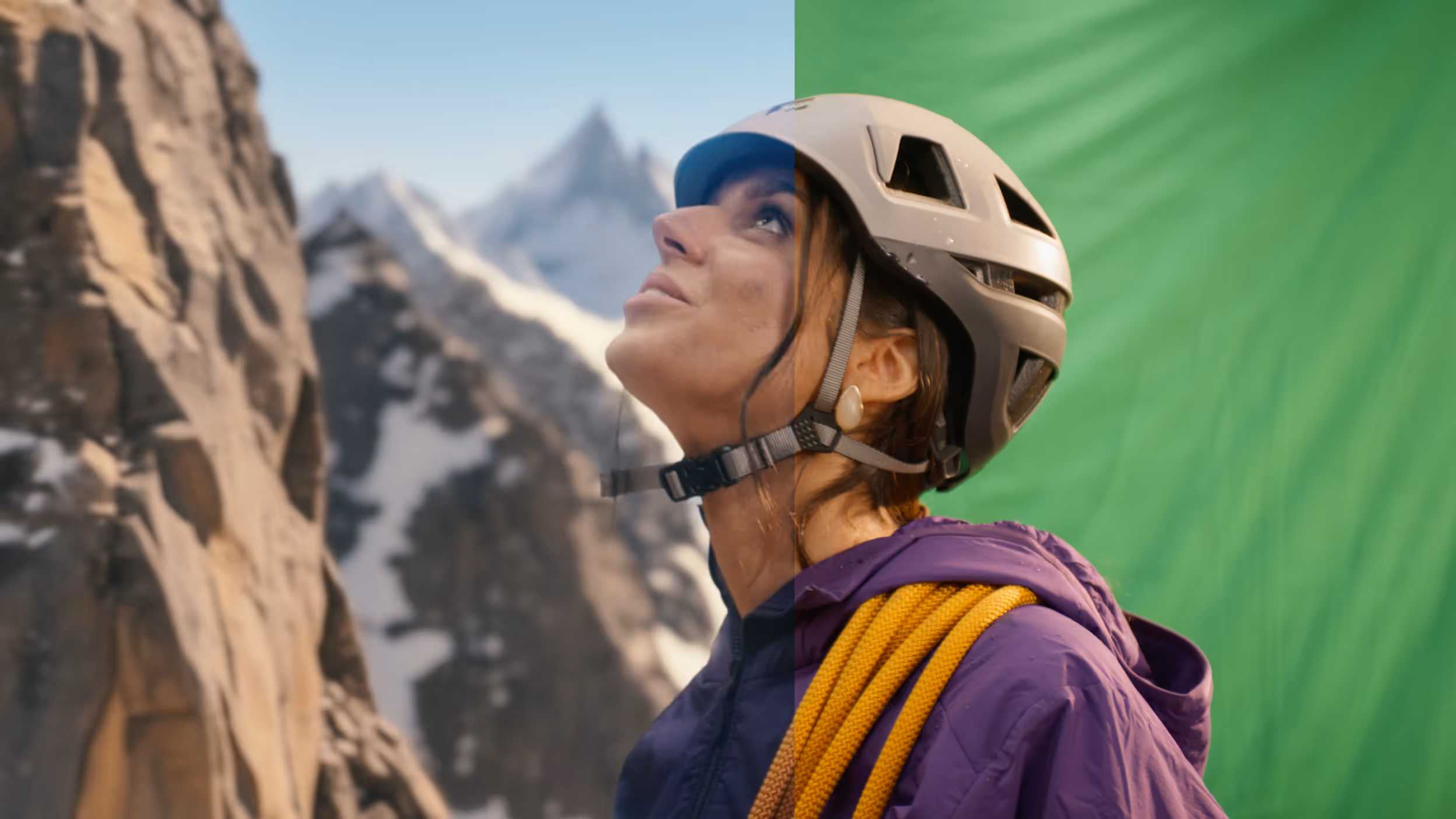 Ein Filmstill eines VFX Shot. In der Mitte ist eine Frau gekleidet in Kletterausrüstung. Ihre rechte Hälfte ist die Rohaufname inkl. Greenscreen im Hintergrund. Die linke Hälfte ist der finale VFX Shot

Videoproduktion, Filmproduktion, Videomarketing Trends, KI als Produktionsbeschleuniger