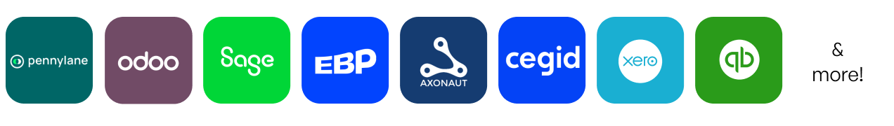 Finance & accounting integration logos including Odoo, Sage, EBP, Axonaut, Cegid, Xero, QuickBooks, and other accounting platforms supported by Bonx.