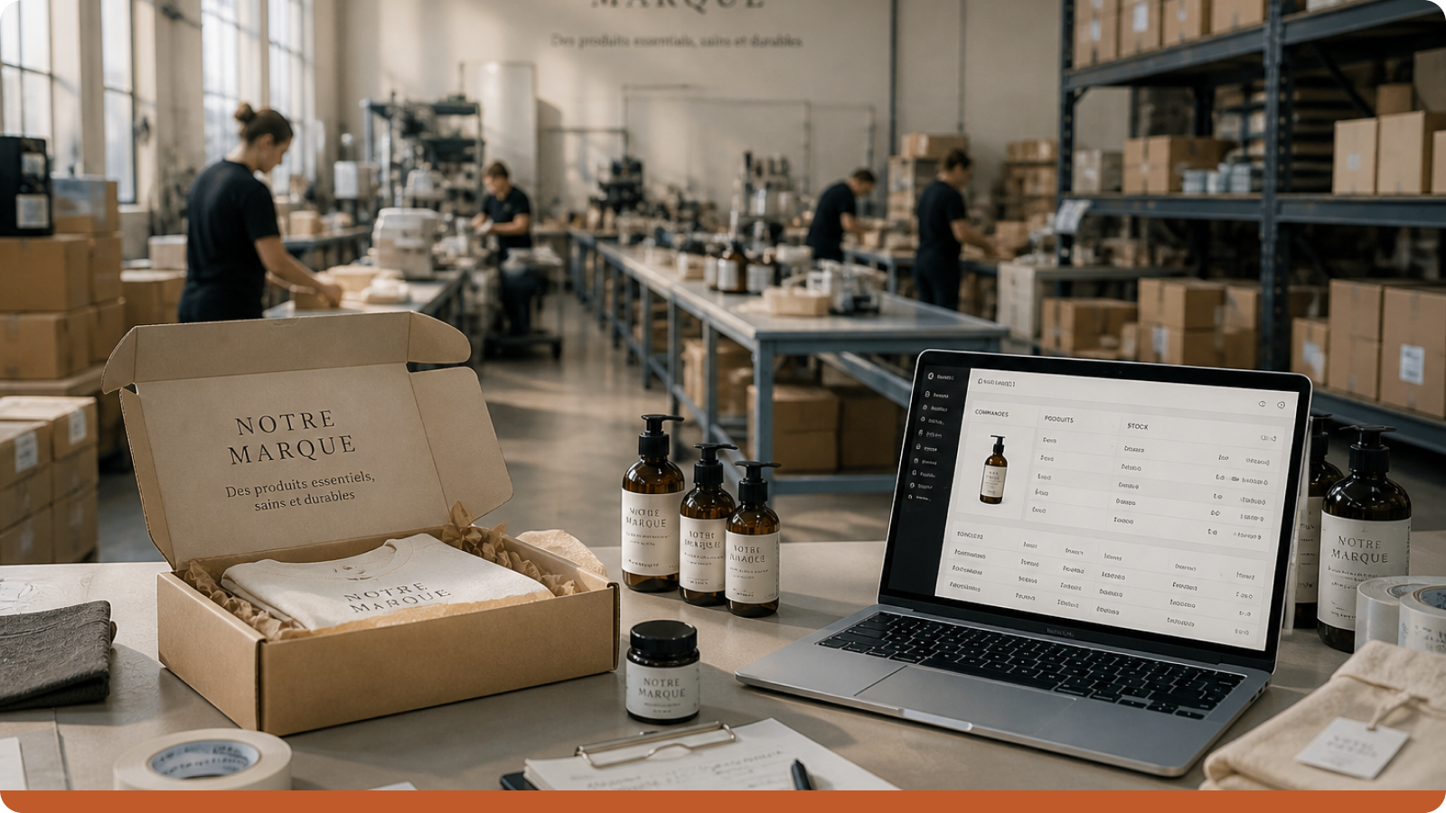 DNVB production floor with workers packing products and managing inventory via laptop ERP dashboard, illustrating the production gap between Shopify-driven growth and manual manufacturing operations.