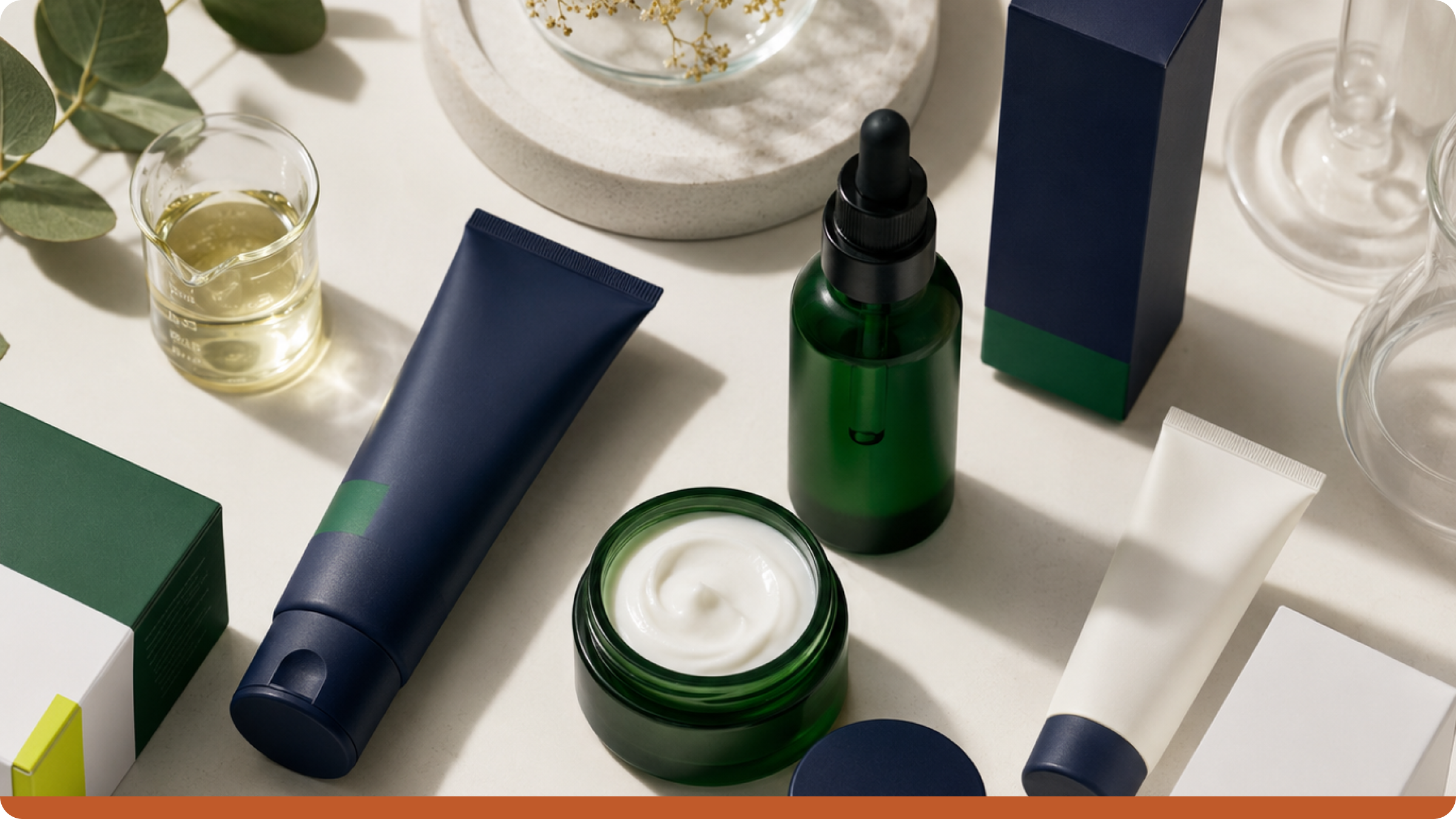 Skincare and cosmetics packaging with cream jars, serum bottles, and beauty product containers representing cosmetics manufacturing, batch traceability, and ERP operations in 2026