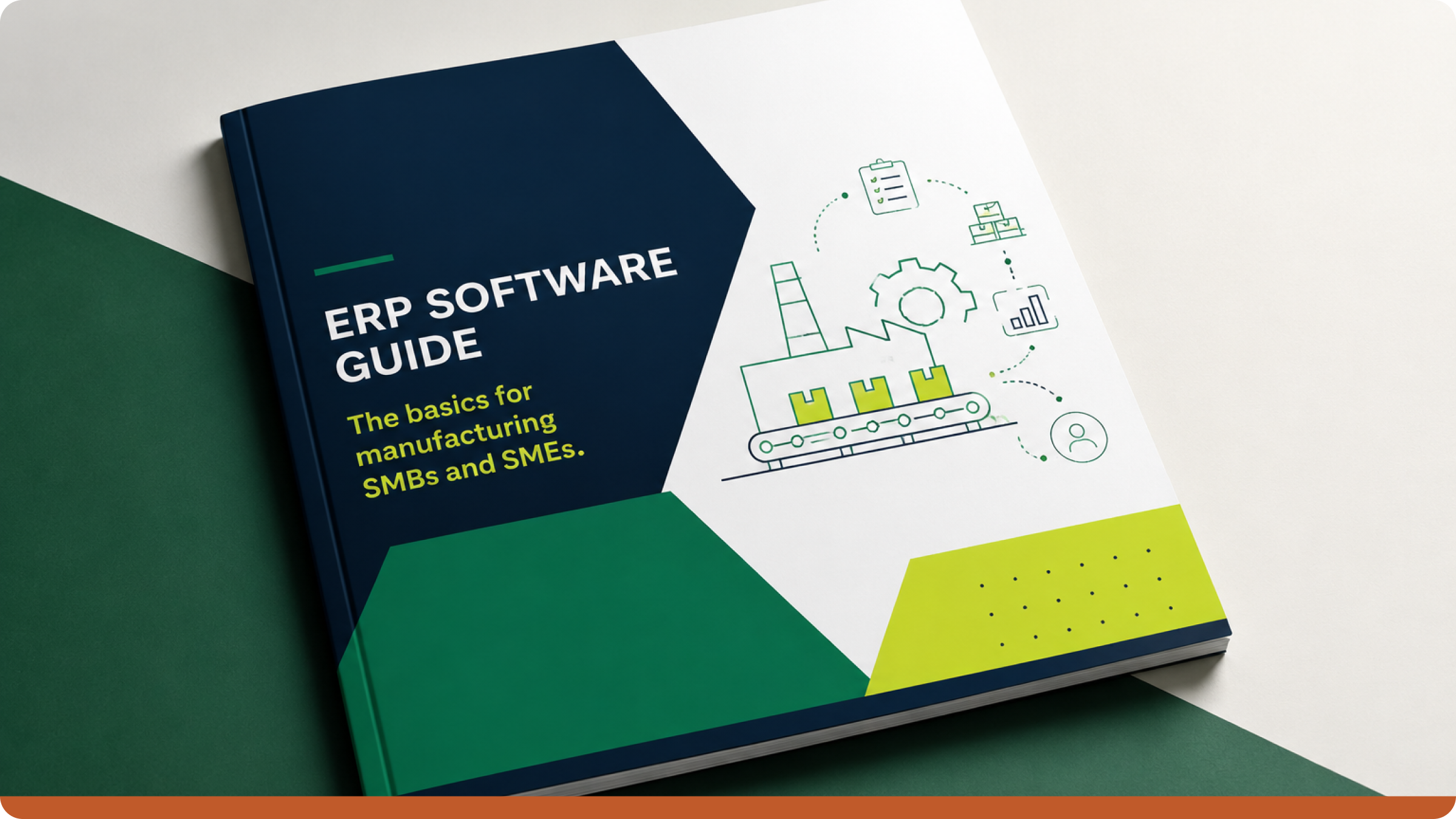 Couverture d’un guide logiciel ERP pour PME et PMI industrielles, illustrant la gestion de production, des stocks, de la planification et de la chaîne logistique dans un ERP manufacturier moderne.
