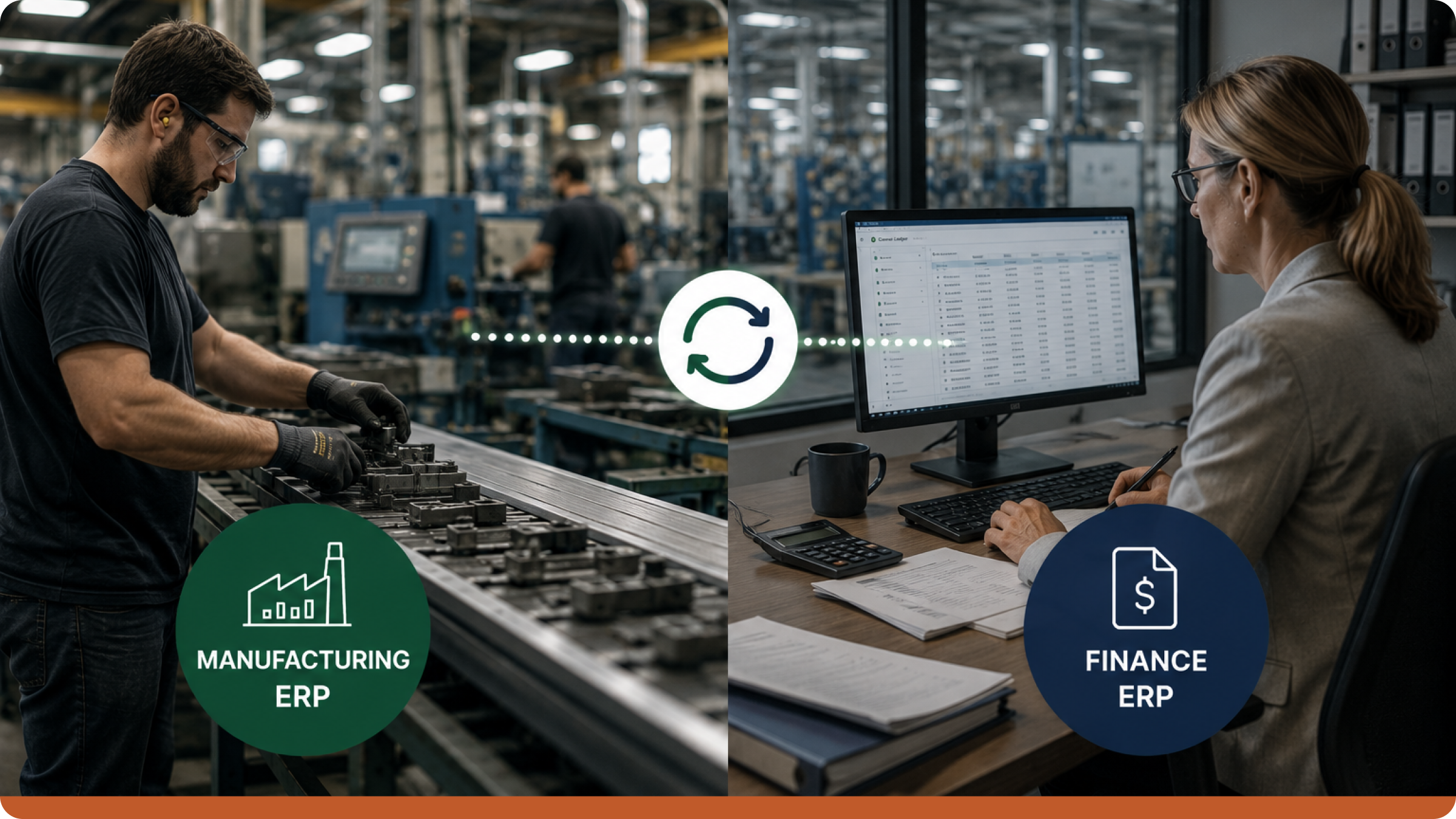 Fertigungs-ERP verbunden mit Finanz-ERP-System, zeigt Fabrikabläufe, Bestandsverwaltung, Produktionssteuerung und Buchhaltungsintegration für Hersteller.