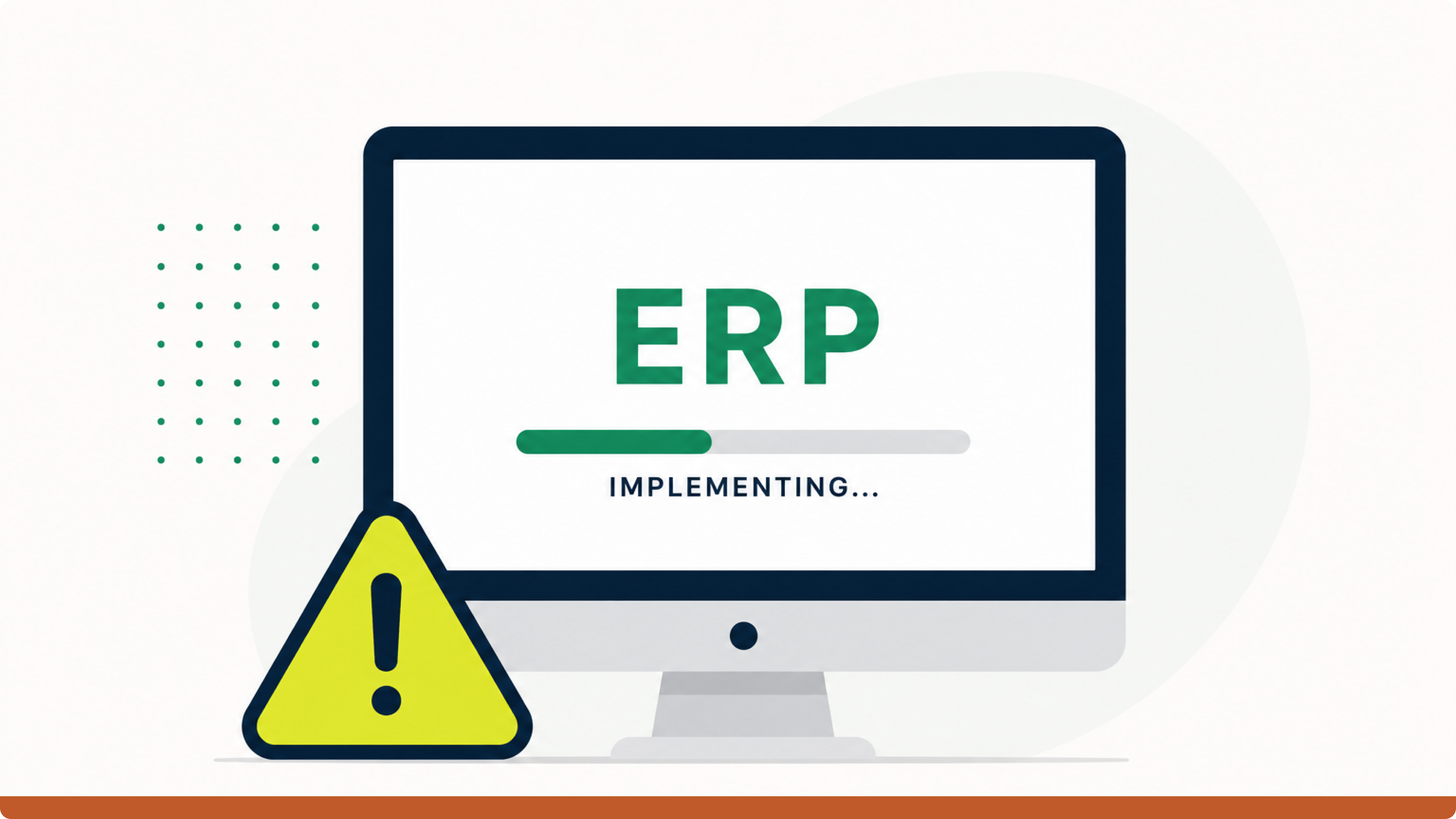 Illustration einer fehlgeschlagenen ERP-Implementierung mit ERP-Setup-Bildschirm, Warnsymbol und stockendem Rollout in der Fertigung.