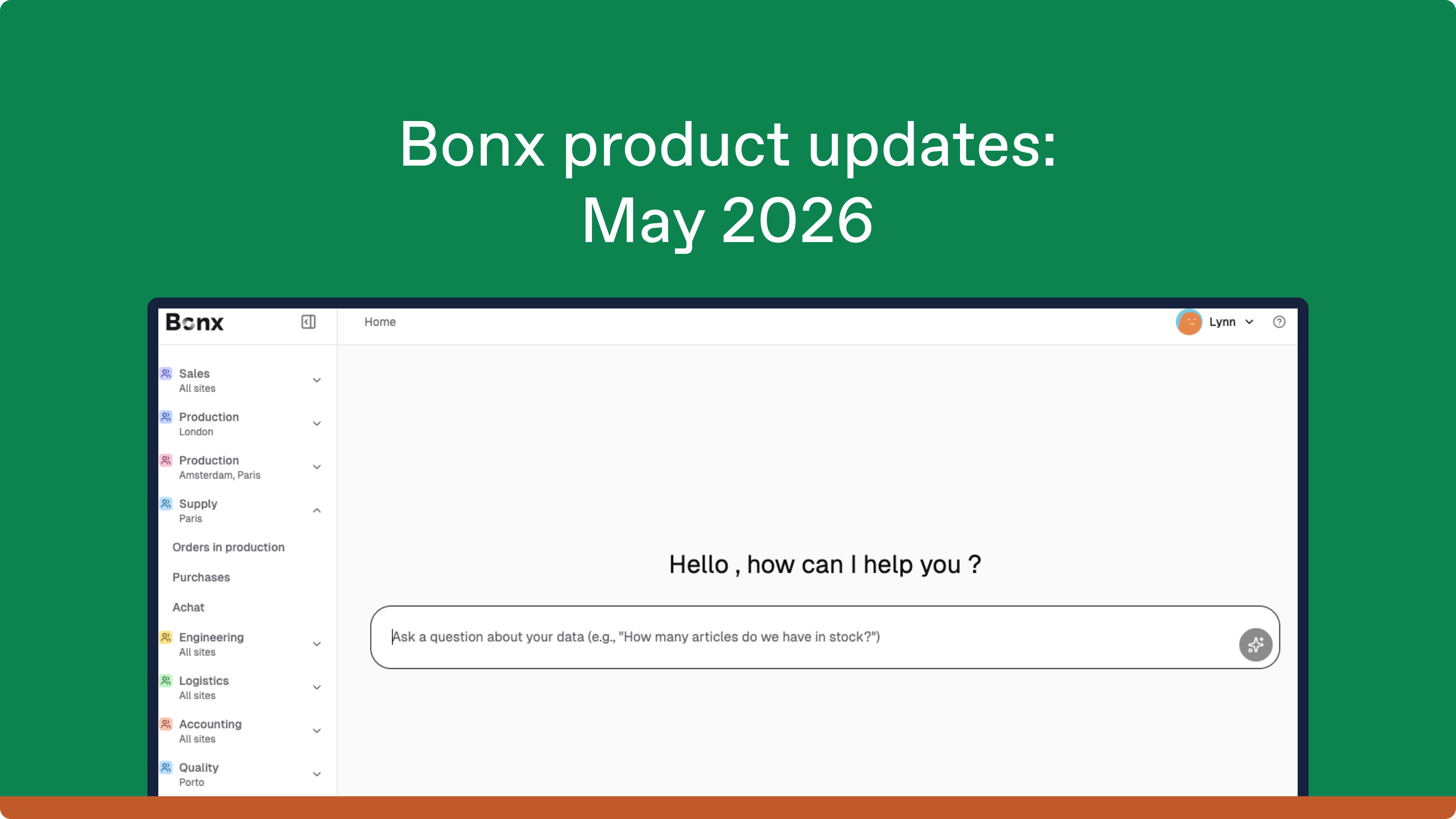 Screenshot of the Bonx interface showing the AI assistant feature with the prompt "Hello, how can I help you?" and a text field to ask questions about your data.