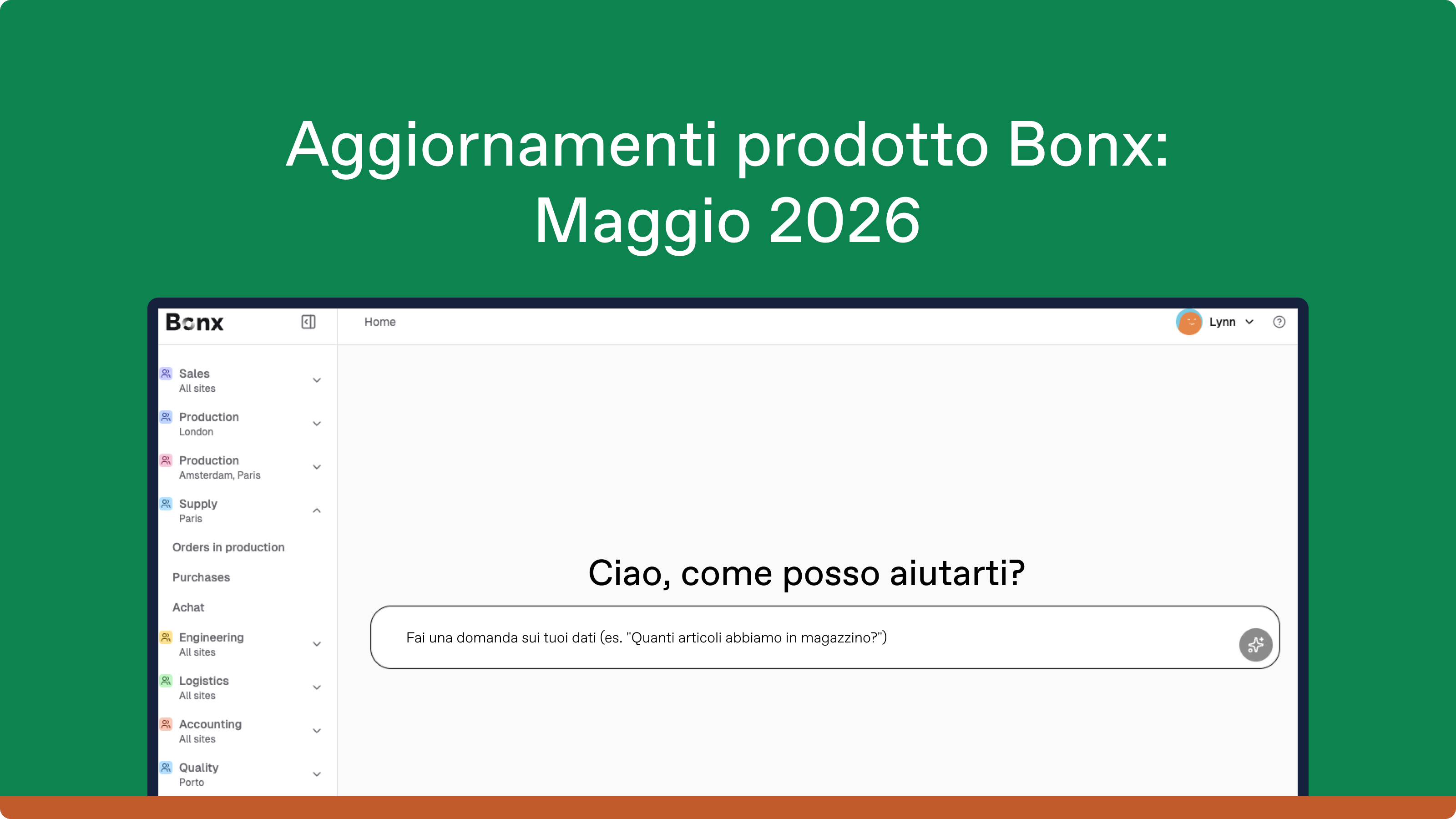 Screenshot dell'interfaccia Bonx con la funzionalità di assistente IA, che mostra il messaggio "Ciao, come posso aiutarti?" e un campo per porre domande sui propri dati.
