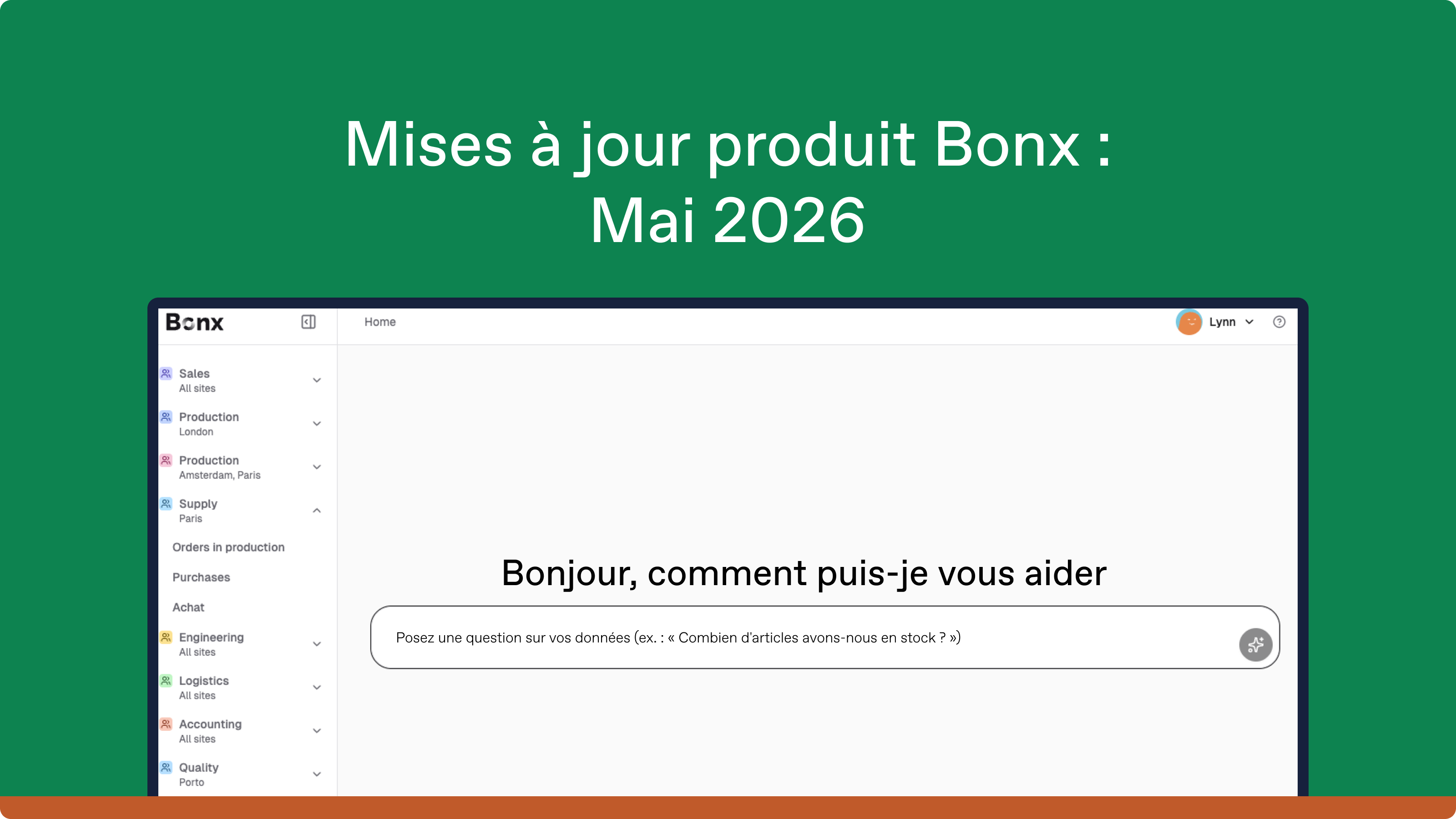 Capture d'écran de l'interface Bonx présentant la fonctionnalité d'assistant IA avec le message « Bonjour, comment puis-je vous aider ? » et un champ pour poser des questions sur vos données.