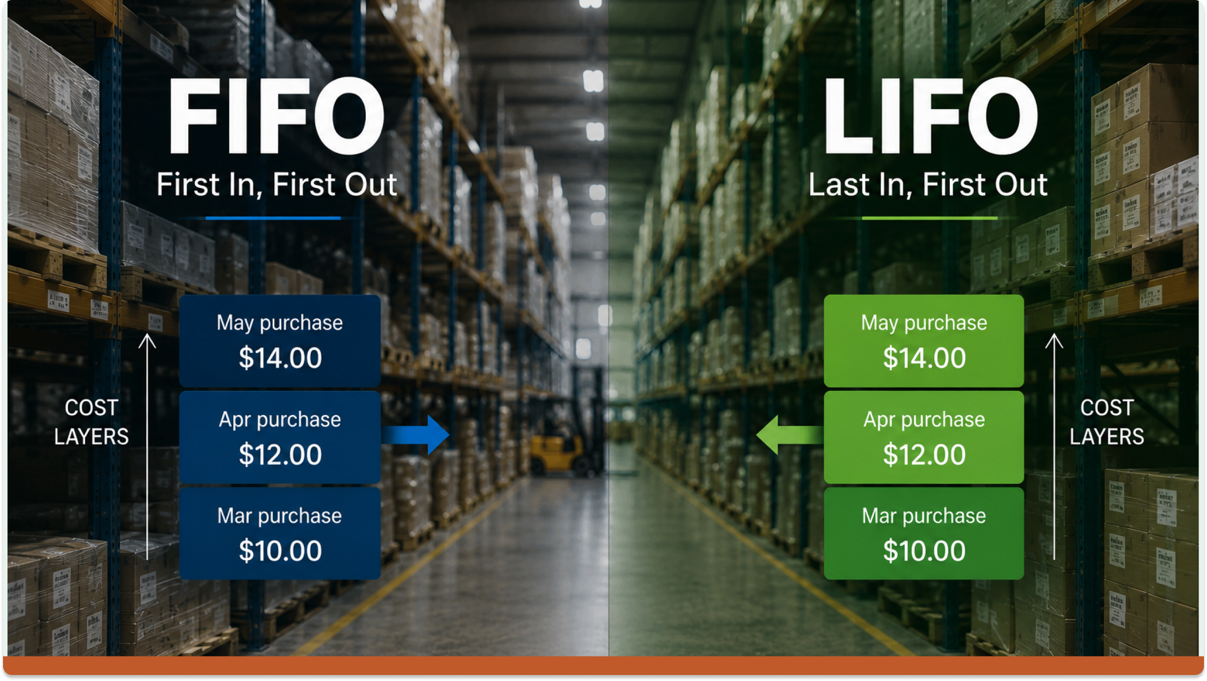 FIFO vs LIFO inventory valuation in manufacturing ERP, showing how different cost layers affect inventory costing and cost of goods sold.