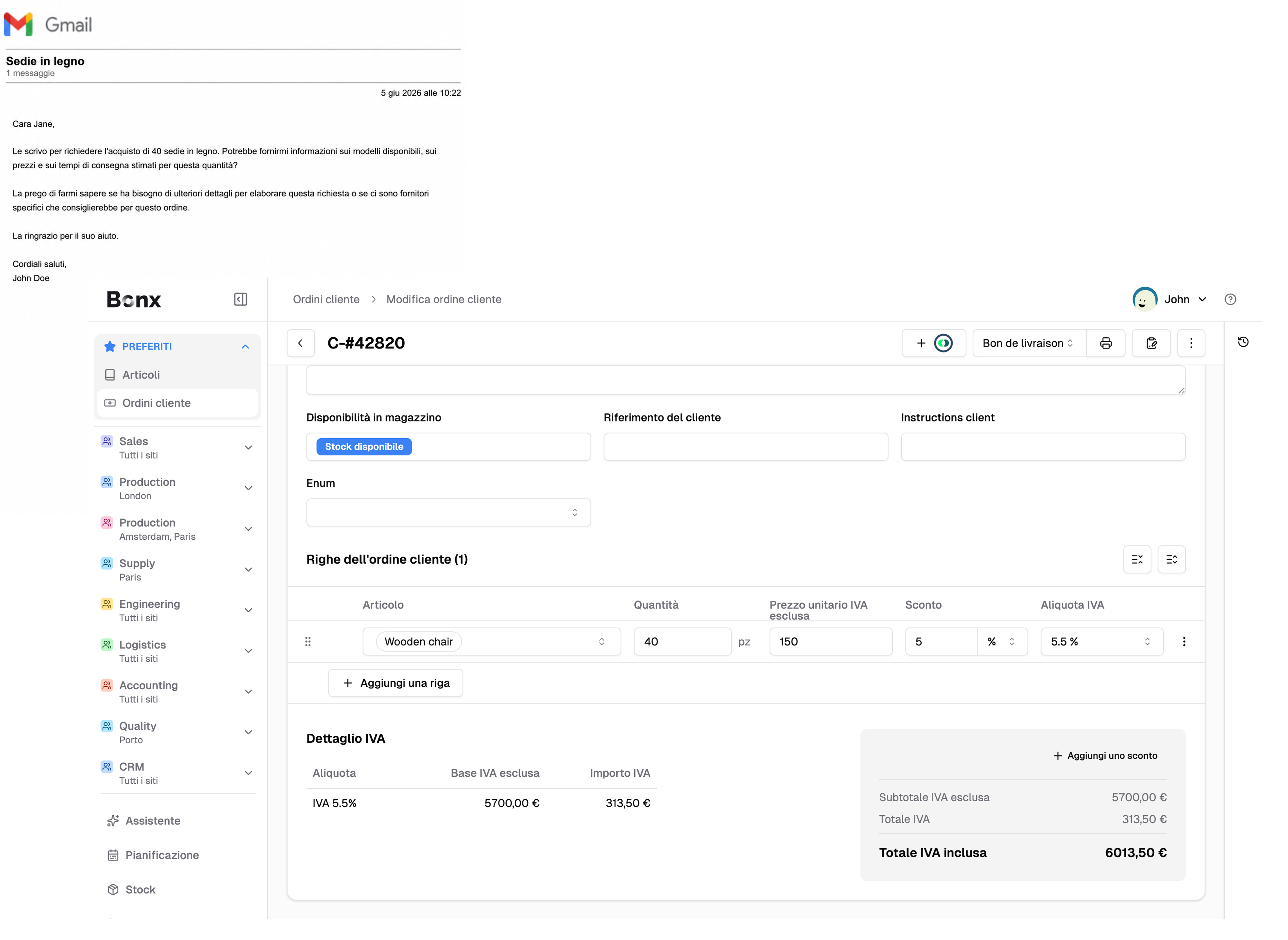 Richiesta d’ordine Gmail per 40 sedie in legno accanto a un ordine di vendita Bonx compilato automaticamente con articolo, quantità, prezzo, sconto, IVA e totale.