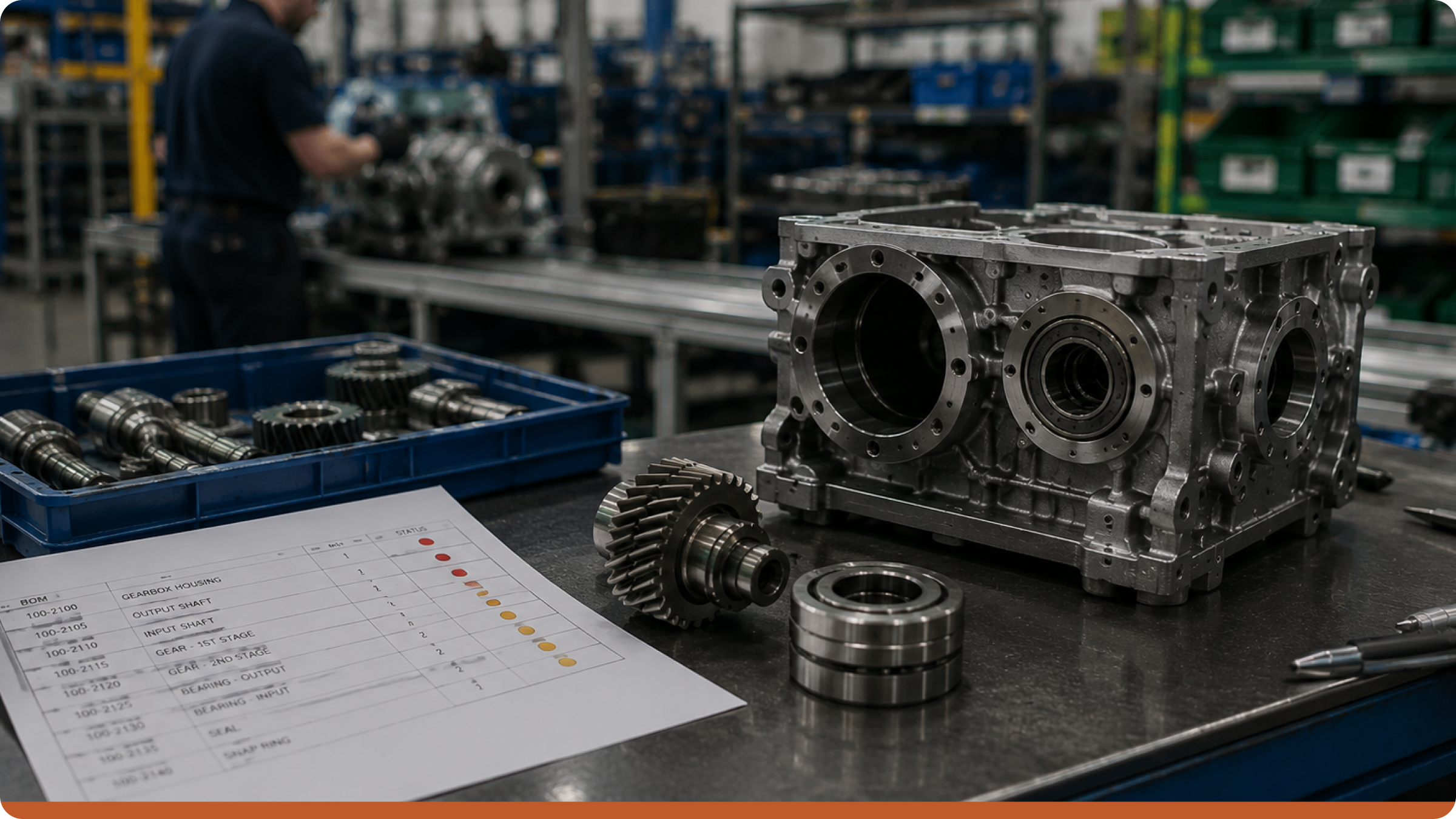 Bill of materials software und BOM management in einer Fertigungsumgebung mit teilmontiertem Industriegetriebe, Maschinenbauteilen und Produktionsabläufen in einer modernen Fabrik.