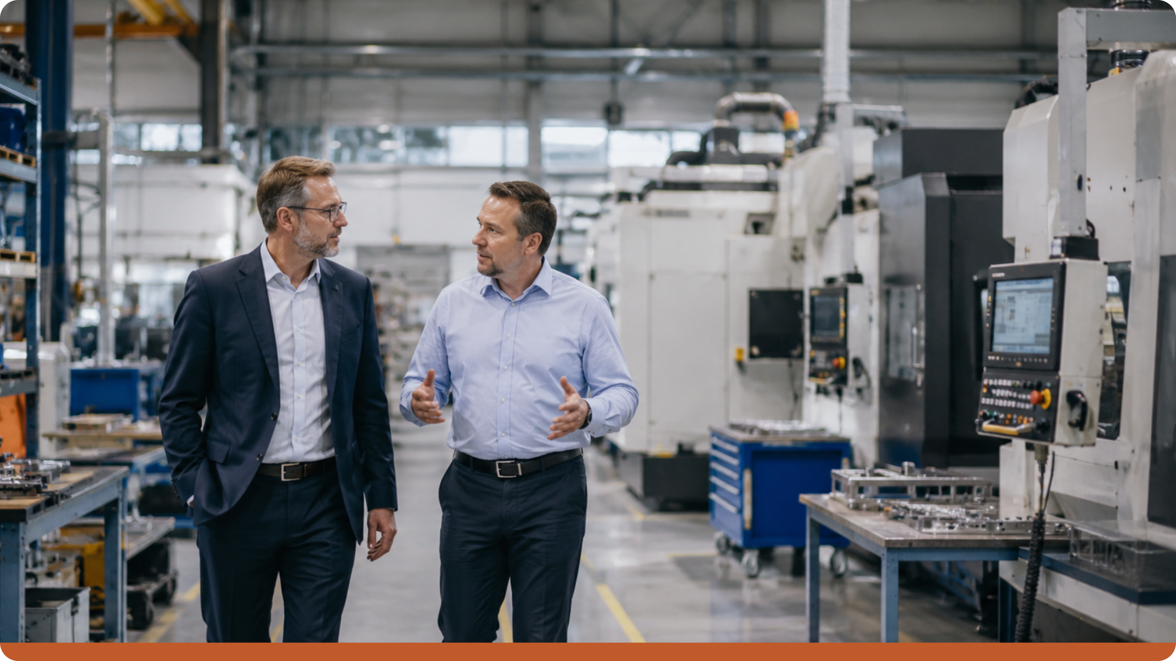 Évaluation d’un manufacturing ERP lors d’une visite client en usine, montrant deux professionnels visitant un atelier moderne d’usinage CNC et échangeant sur les opérations de fabrication.