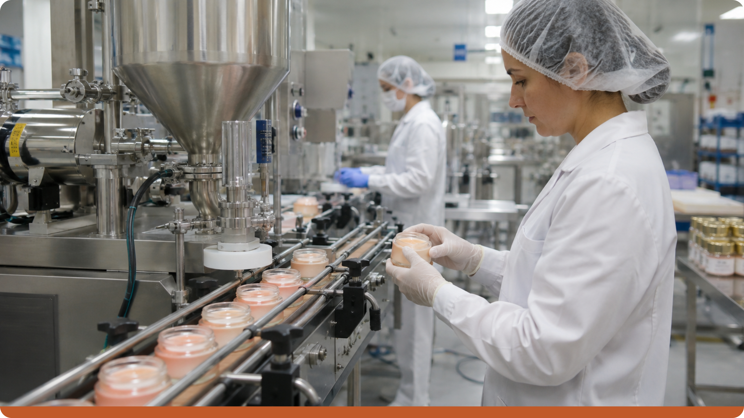 MoCRA compliance software for cosmetics manufacturers, showing a skincare production line with quality control and batch management.