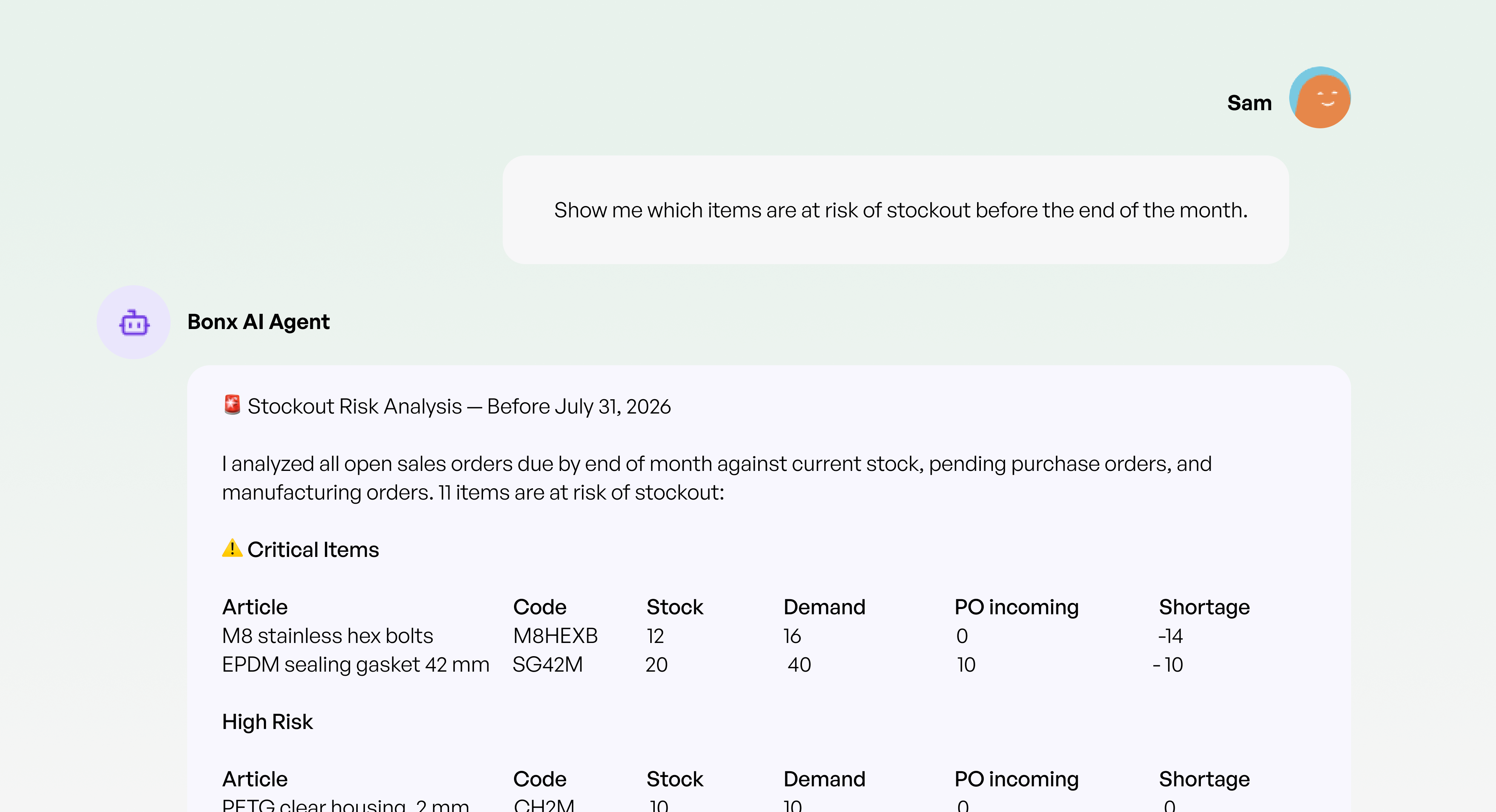 Screenshot of the Bonx AI Agent chat answering a stockout-risk question, showing a Critical Items table (M8 hex bolts, EPDM gasket) and a High Risk table (PETG housing) with stock, demand, and shortage figures.