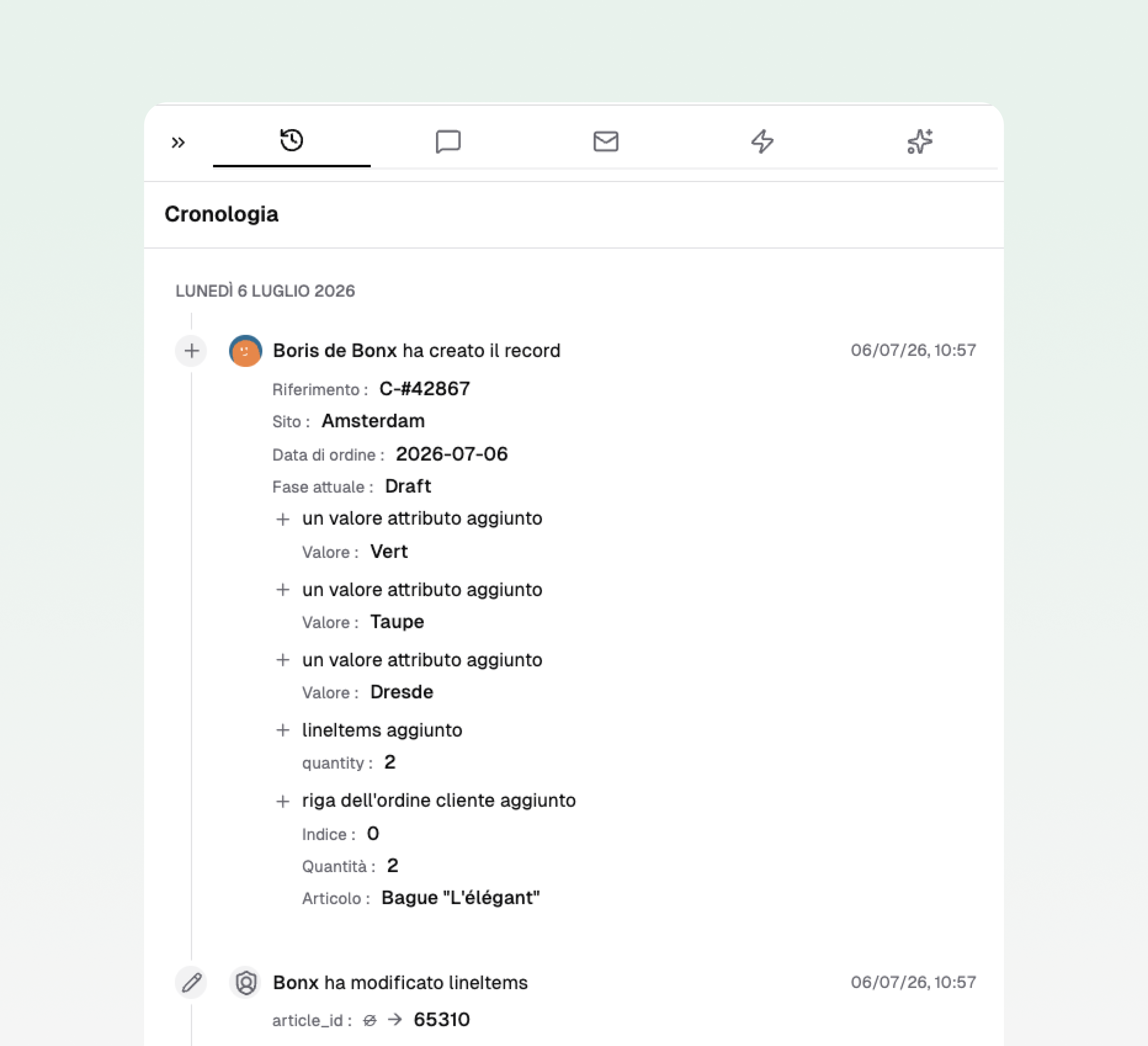 Screenshot della cronologia Bonx che mostra il record C-#42867, creato da Boris de Bonx per la sede di Amsterdam, con valori di attributo, righe articolo e una riga d'ordine per un anello, seguita da una modifica successiva.