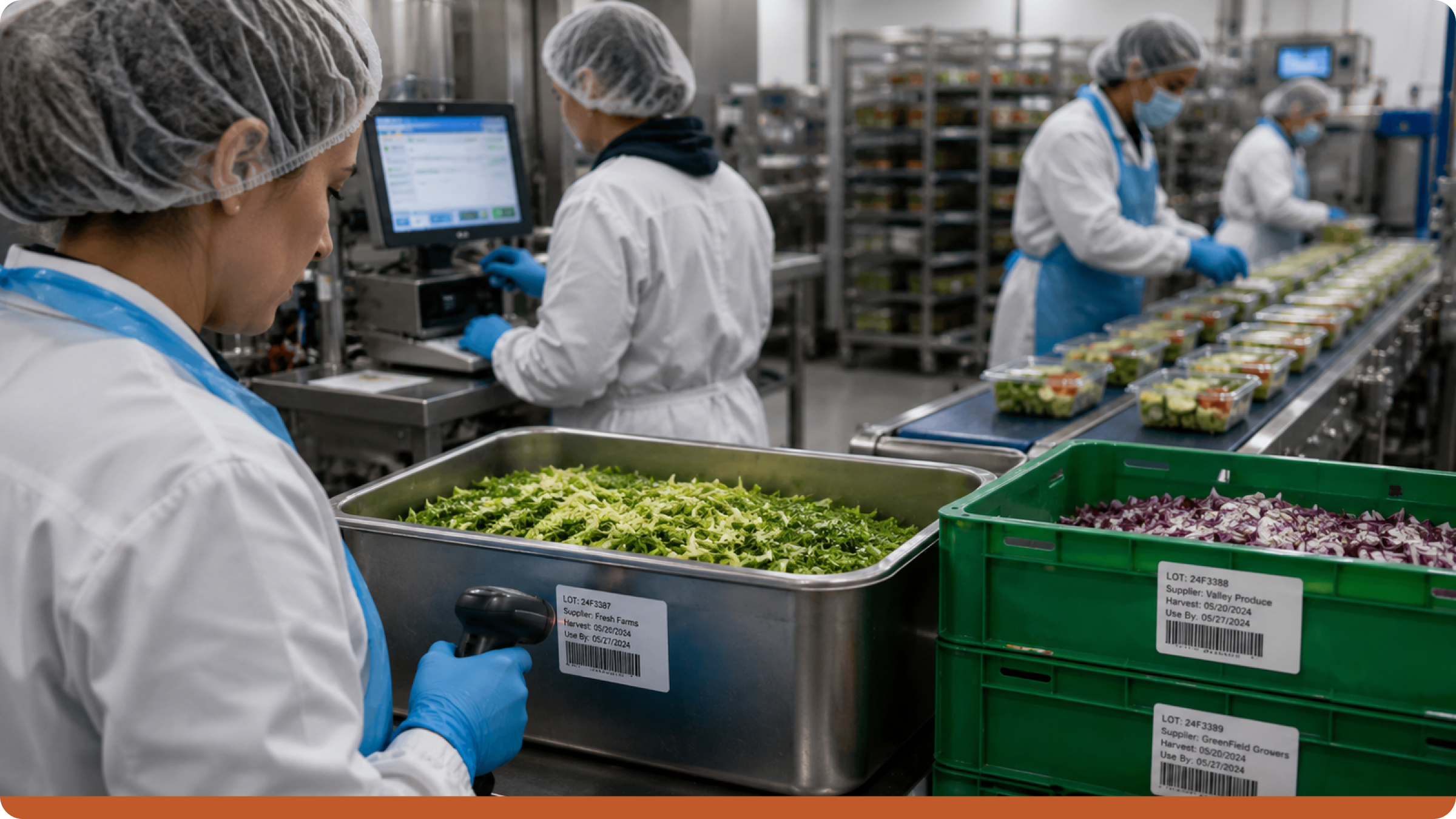 Food traceability software and FSMA compliance software showing ingredient lot scanning, batch traceability, and packaged food production in a modern food manufacturing facility.